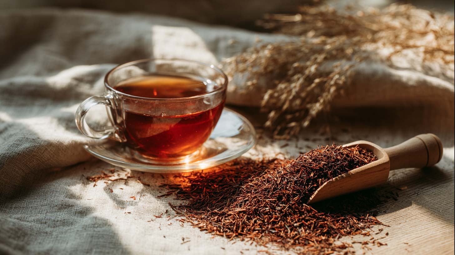 Rooibos Tee Eine Glastasse mit dunklem Rooibos-Tee neben einer mit losen Teeblättern gefüllten Holzschaufel auf einem strukturierten, hellen Stoff.