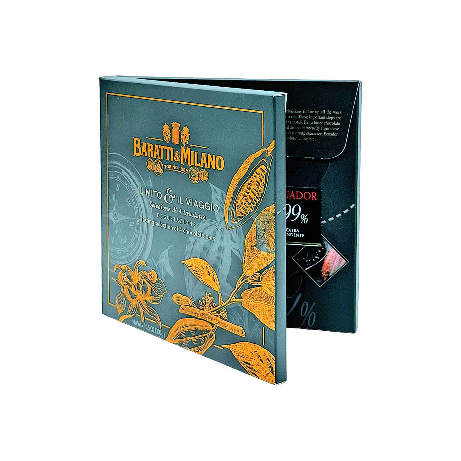 Baratti & Milano Schokoladen-Geschenkbox – 4 dunkle Schokoladen von 70 % bis 99 % Schokoladen-Geschenkset von Baratti & Milano mit einer dunkelgrünen Schachtel mit goldenen Kakaoillustrationen und einem 99-Prozent-Kakao-Etikett.