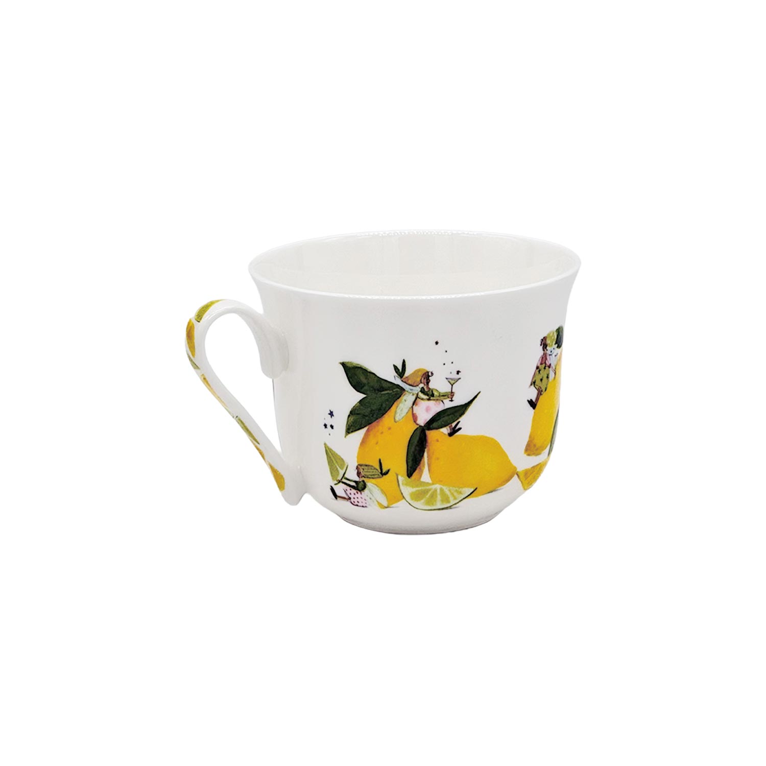 Lieblingstasse „Fresh Lemons“ – Porzellantasse mit Zitronenmotiv, 400 ml Teetasse aus weißem Porzellan, verziert mit farbenfrohen Illustrationen von Zitronen, grünen Blättern und kleinen Figuren auf weißem Hintergrund.