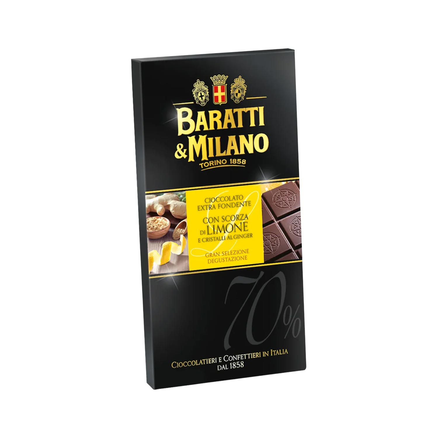 Baratti Extra dunkle Schokolade 70 % Zitrone & Ingwer – 75 g