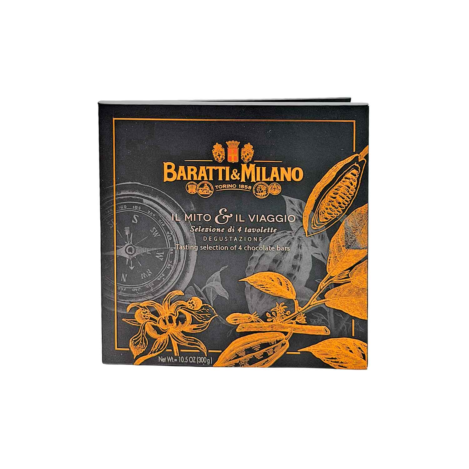 Baratti & Milano Schokoladen-Probierset in Schwarz mit goldenen Abbildungen eines Kompasses, Kakaofrüchten und Kakaoblüten.