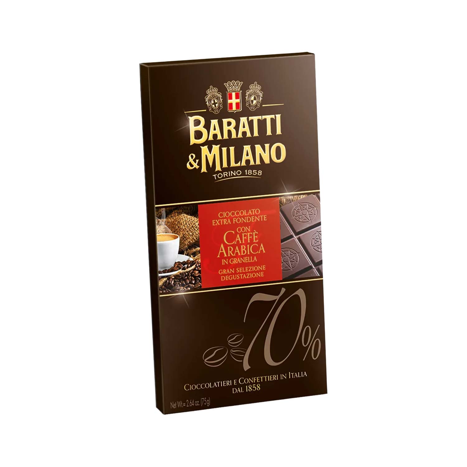 Baratti Extra Dunkle Schokolade 70 % mit Arabica-Kaffee, 75g