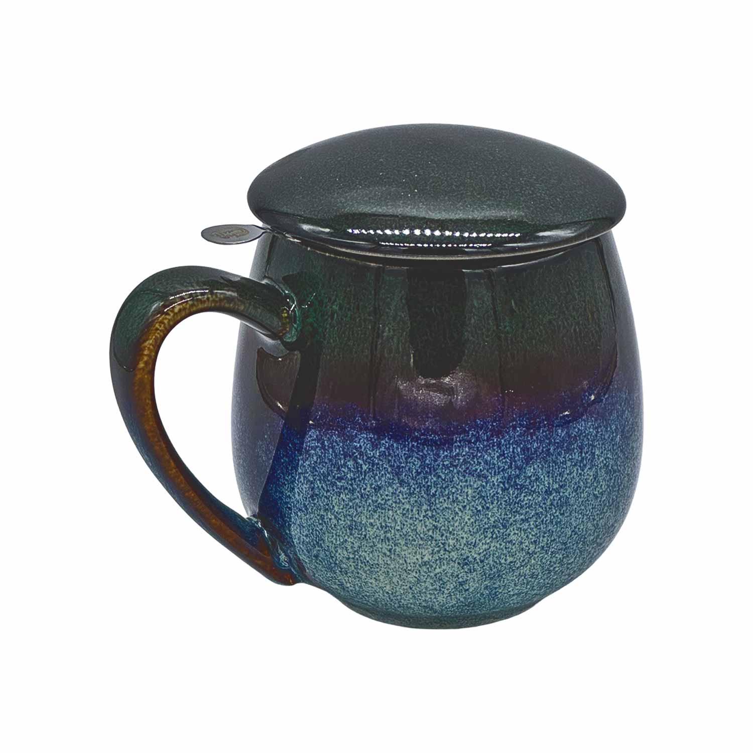 Kräuterteetasse in Dunkelgrün-Blau mit Edelstahlsieb und Deckel – Reactive Glaze, 3-teiliges Set, 350 ml, linke Seite