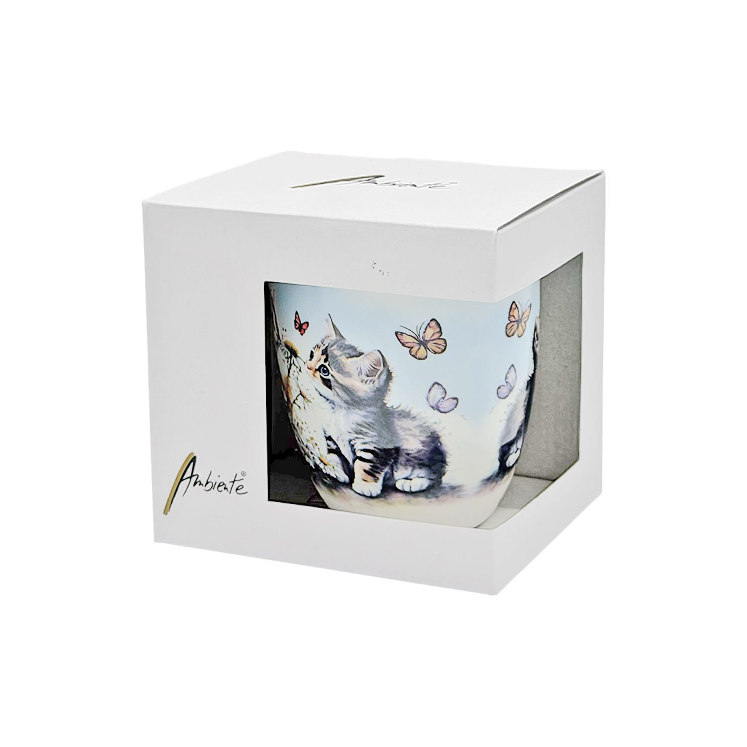 Teetasse „Katzen im Blumenfeld“ – Knochenporzellan, 400 ml Porzellanbecher von Ambiente mit Kätzchen- und Schmetterlingsmotiv, präsentiert in einer weißen Geschenkbox mit Sichtfenster.