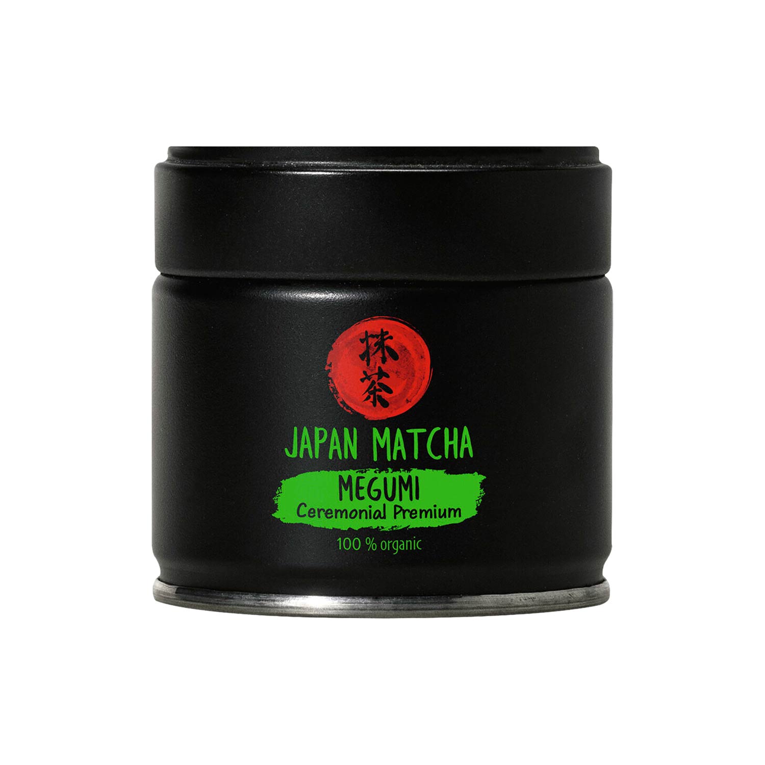 Matcha Megumi Bio – Ceremonial Premium Matcha aus Japan Schwarzer Metallkanister mit Japan Matcha Megumi Ceremonial Premium Bio-Tee mit einem roten kreisförmigen Logo auf weißem Hintergrund.
