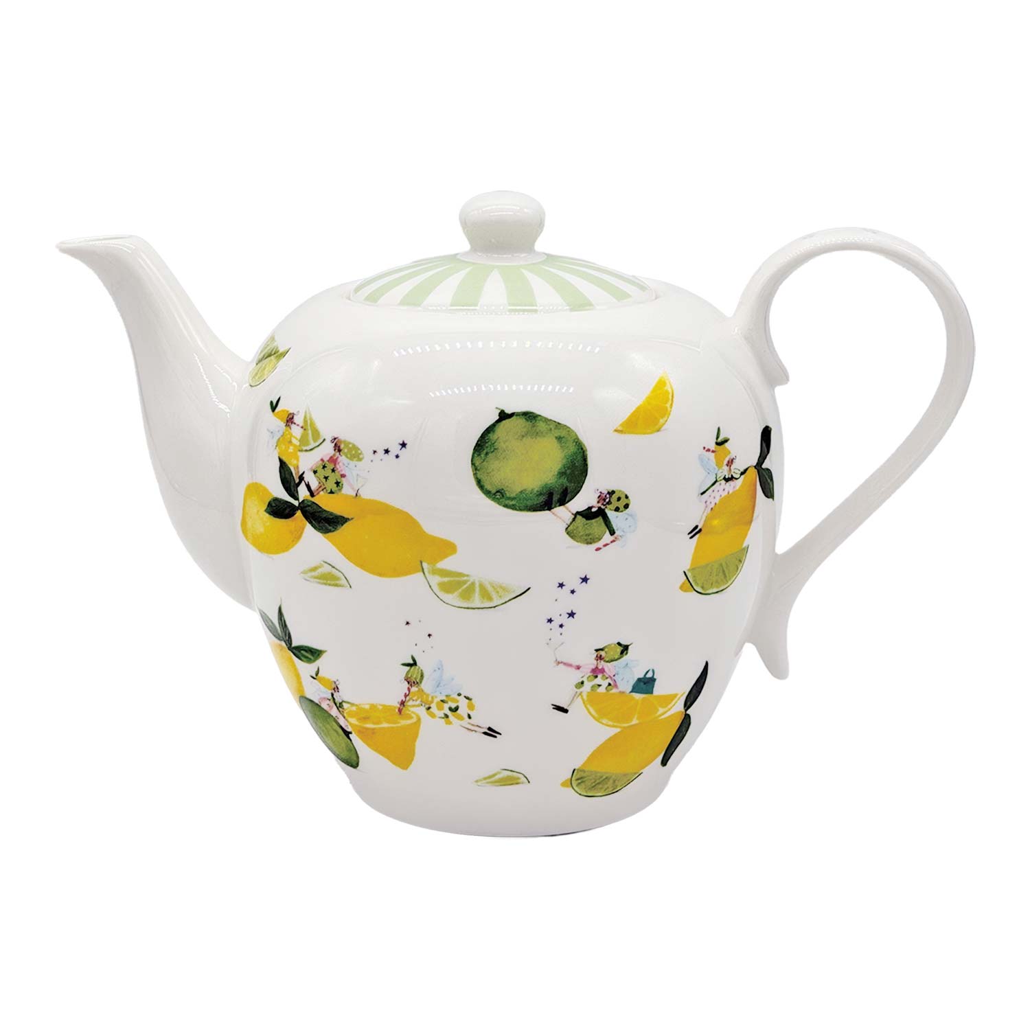 Teekanne „Fresh Lemons“ – Brilliantporzellan 1,5 Liter Teekanne aus weißem Porzellan, verziert mit farbenfrohen Illustrationen von Zitronen, Limetten und skurrilen Feenfiguren auf weißem Hintergrund.