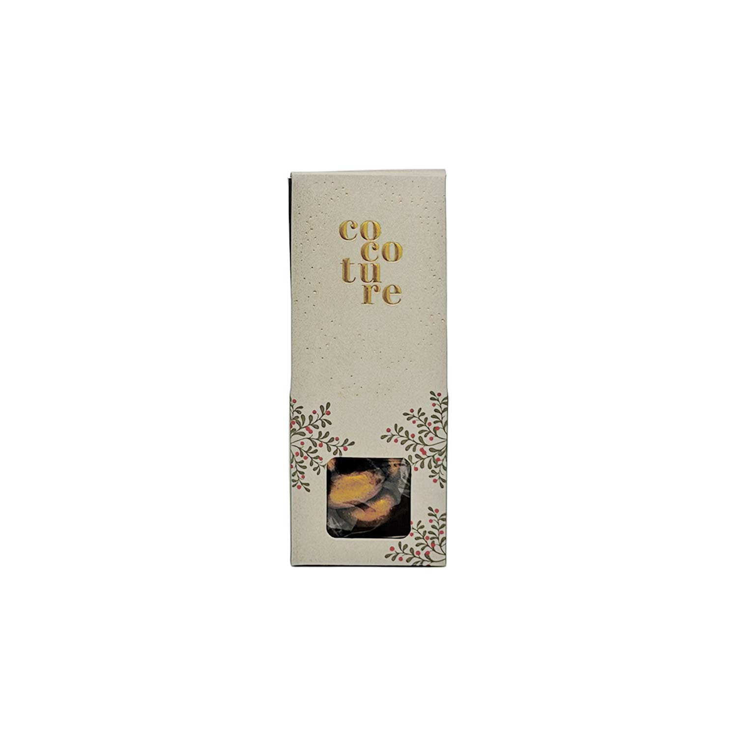 Goldene Mandeln mit Milchschokolade – knusprig, cremig und edel Eine große, cremefarbene Cocouture-Geschenkbox mit goldener Beschriftung und einem kleinen Fenster, in dem dunkle Schokoladenleckereien zu sehen sind.