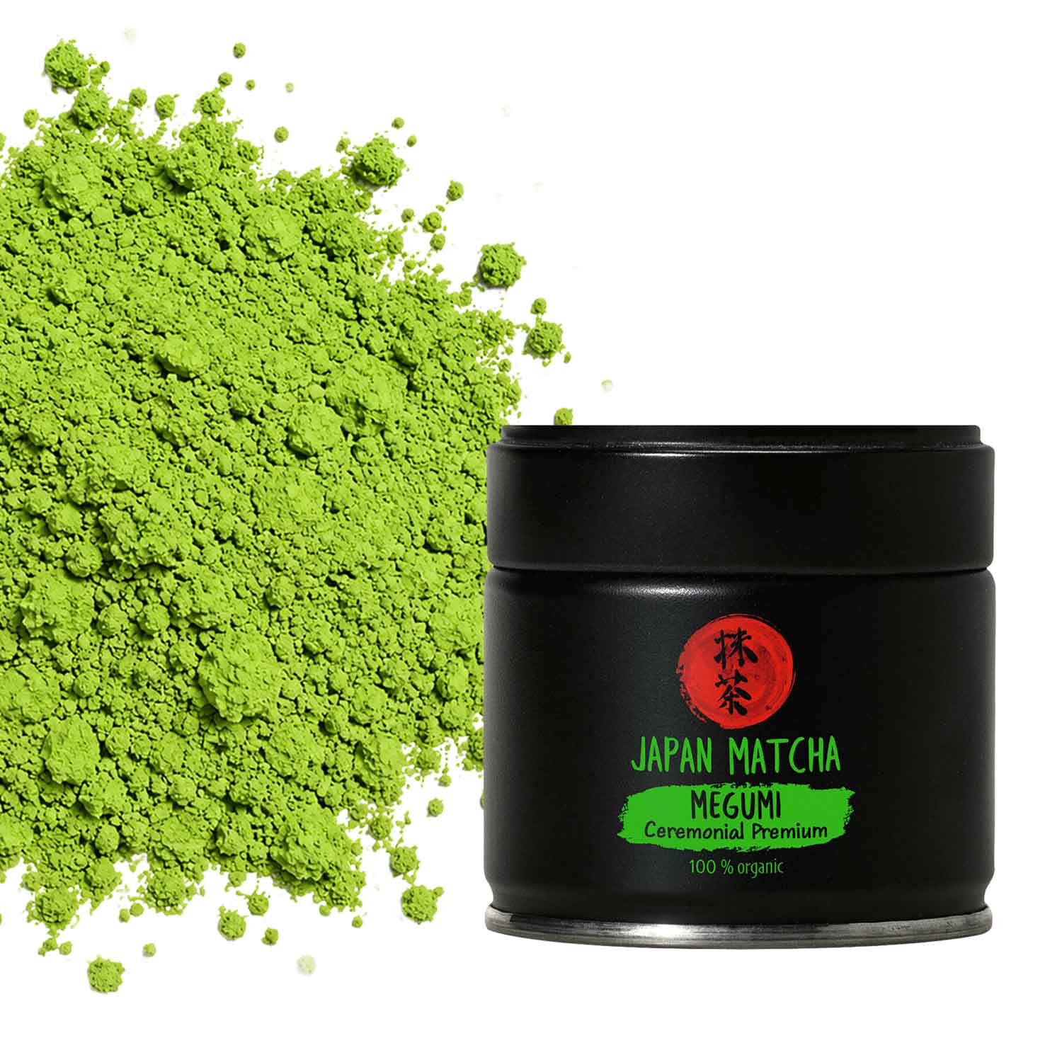Matcha Megumi Bio – Ceremonial Premium Matcha aus Japan Eine schwarze Dose Japan Matcha Megumi Ceremonial Premium Bio-Tee neben einem leuchtenden Haufen feinen grünen Matcha-Pulvers.