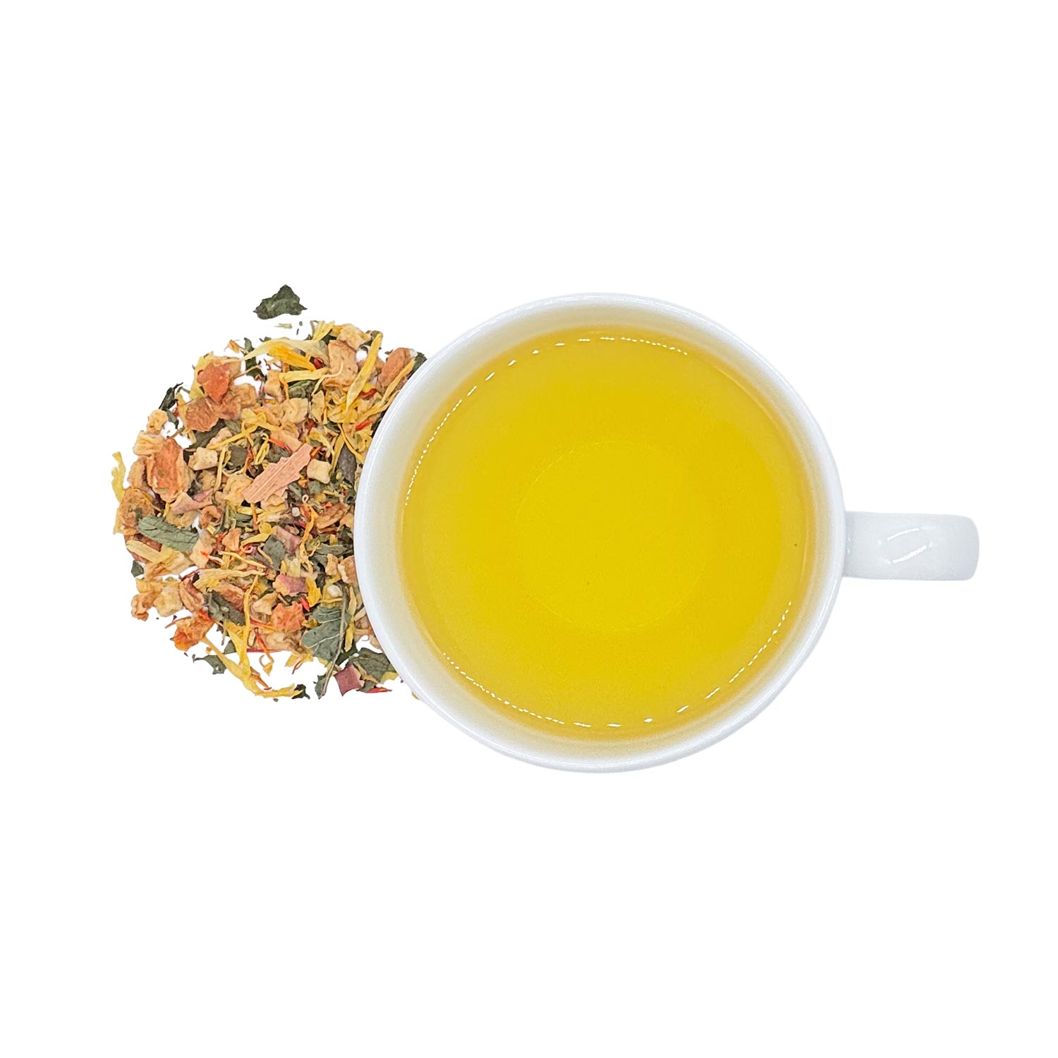 Früchtetee Hanf Honey-Pot – loser Tee mit Hanf, Pfirsich und Apfel, mild und honigsüß, hellgelber Teeaufguss in weisser Tasse
