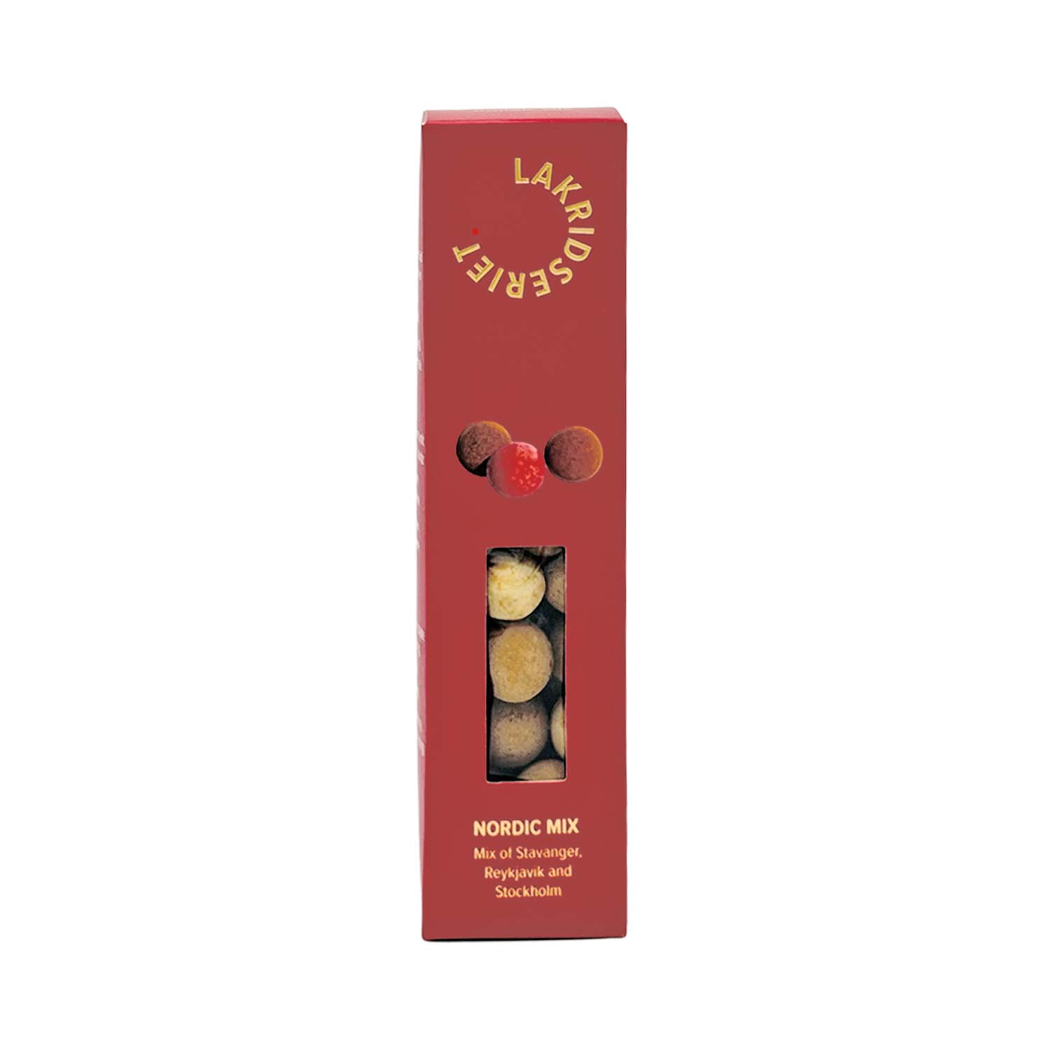 Lakritz- und Fruchtgummi-Mischung - Nordic Mix, 170 g Lakrids by Bülow Nordic Mix Box in roter Verpackung mit Sichtfenster, auf dem verschiedene Gourmet-Lakritzkugeln auf Weiß zu sehen sind.