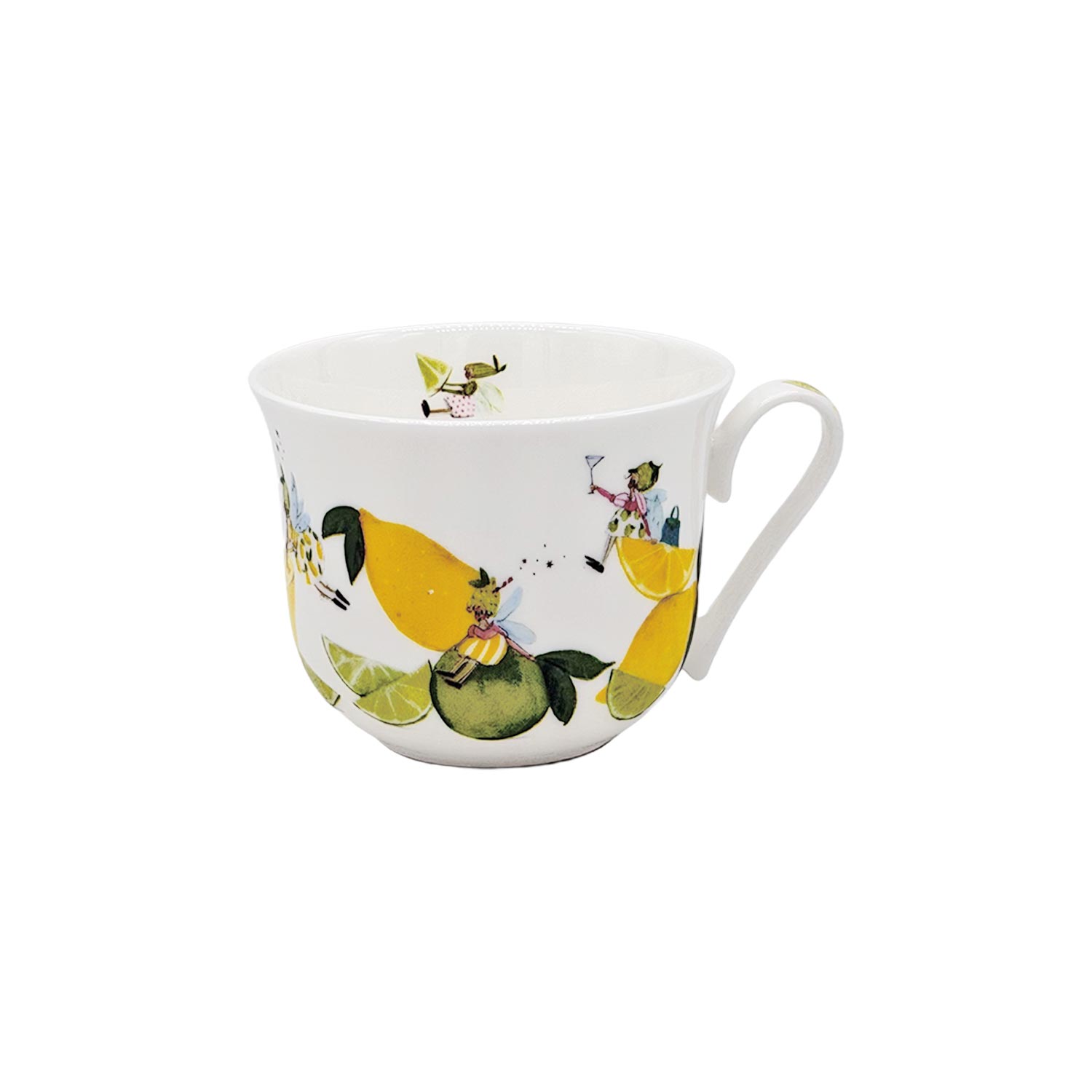 Lieblingstasse „Fresh Lemons“ – Porzellantasse mit Zitronenmotiv, 400 ml Teetasse aus weißem Porzellan, verziert mit farbenfrohen Illustrationen von skurrilen Feen, leuchtend gelben Zitronen und grünen Limetten.