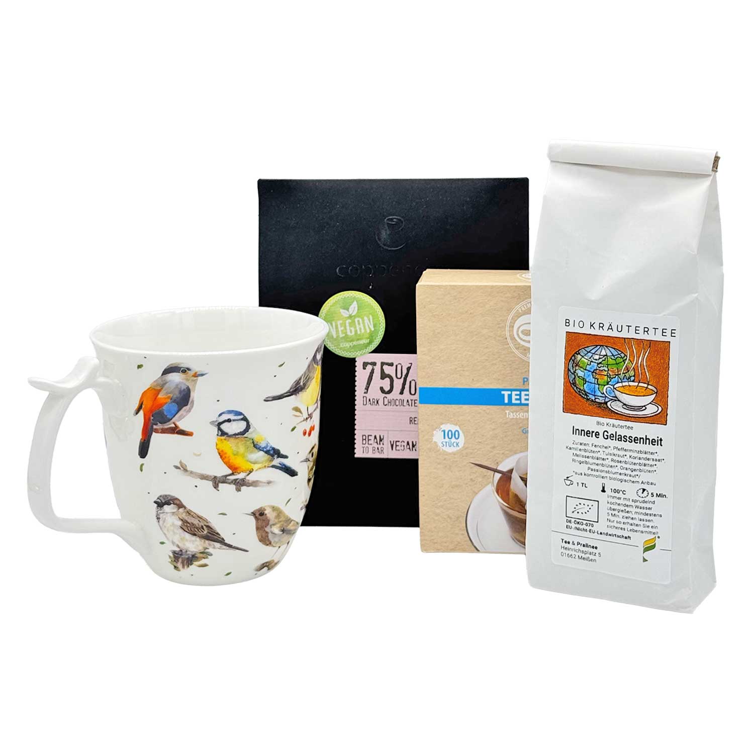 Teeset "Me-Time“ – Tasse, BIO Kräutertee, Teefilter & dunkle Schokolade | vegan