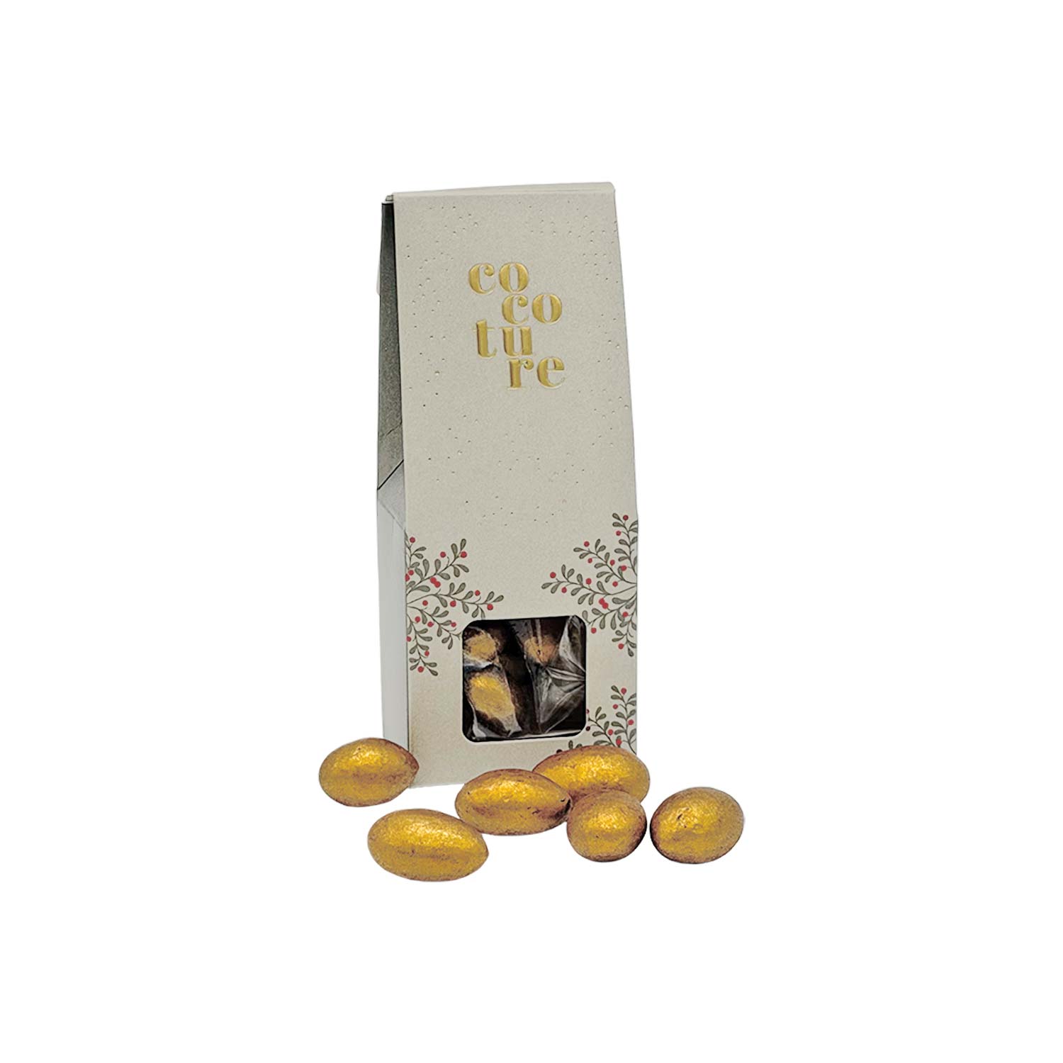 Goldene Mandeln mit Milchschokolade – knusprig, cremig und edel Eine vertikale beige Schachtel mit der Aufschrift „Cocouture“ mit goldenem Schriftzug und floralen Akzenten, die goldverpackte Schokoladen-Mandel-Leckereien enthält.