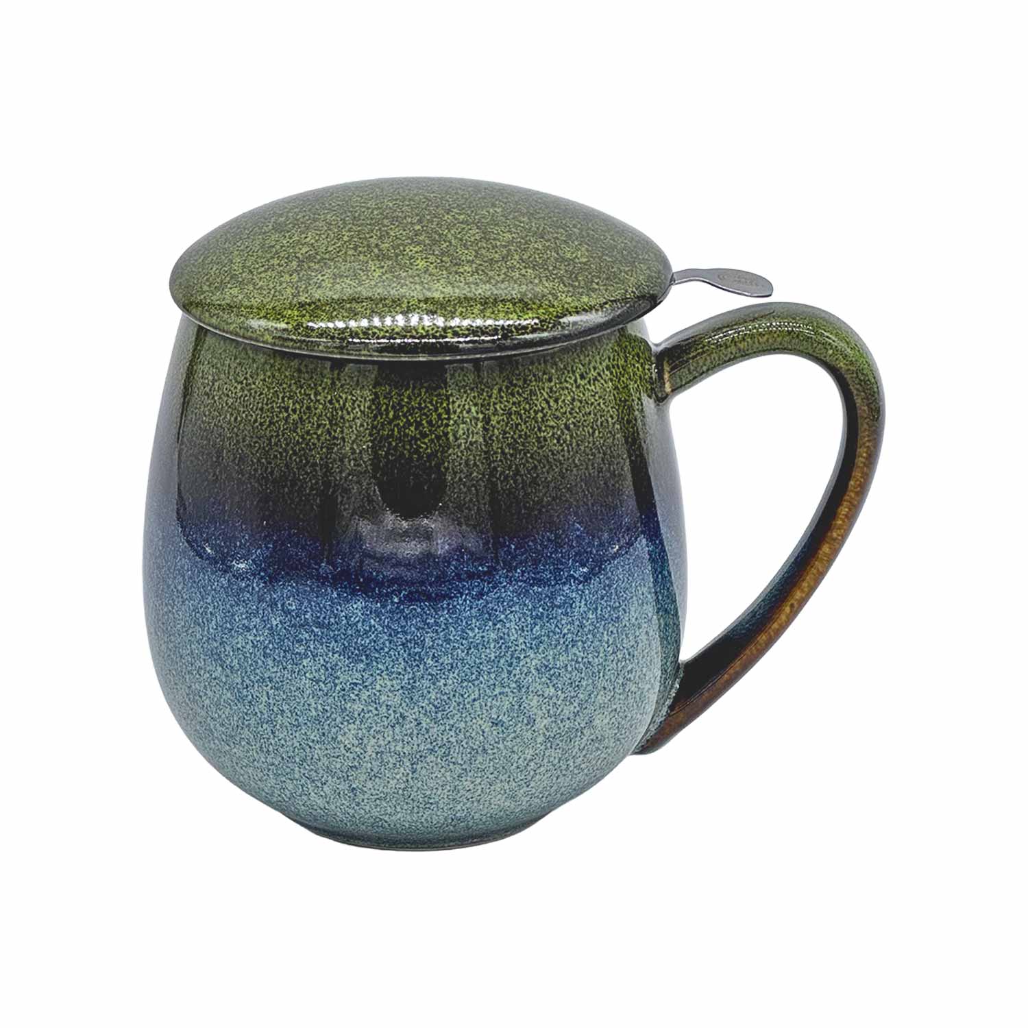 Kräuterteetasse mit Edelstahlsieb und Deckel in hellgrün-blauer Reactive Glaze – 350 ml, 3-teiliges Teeset