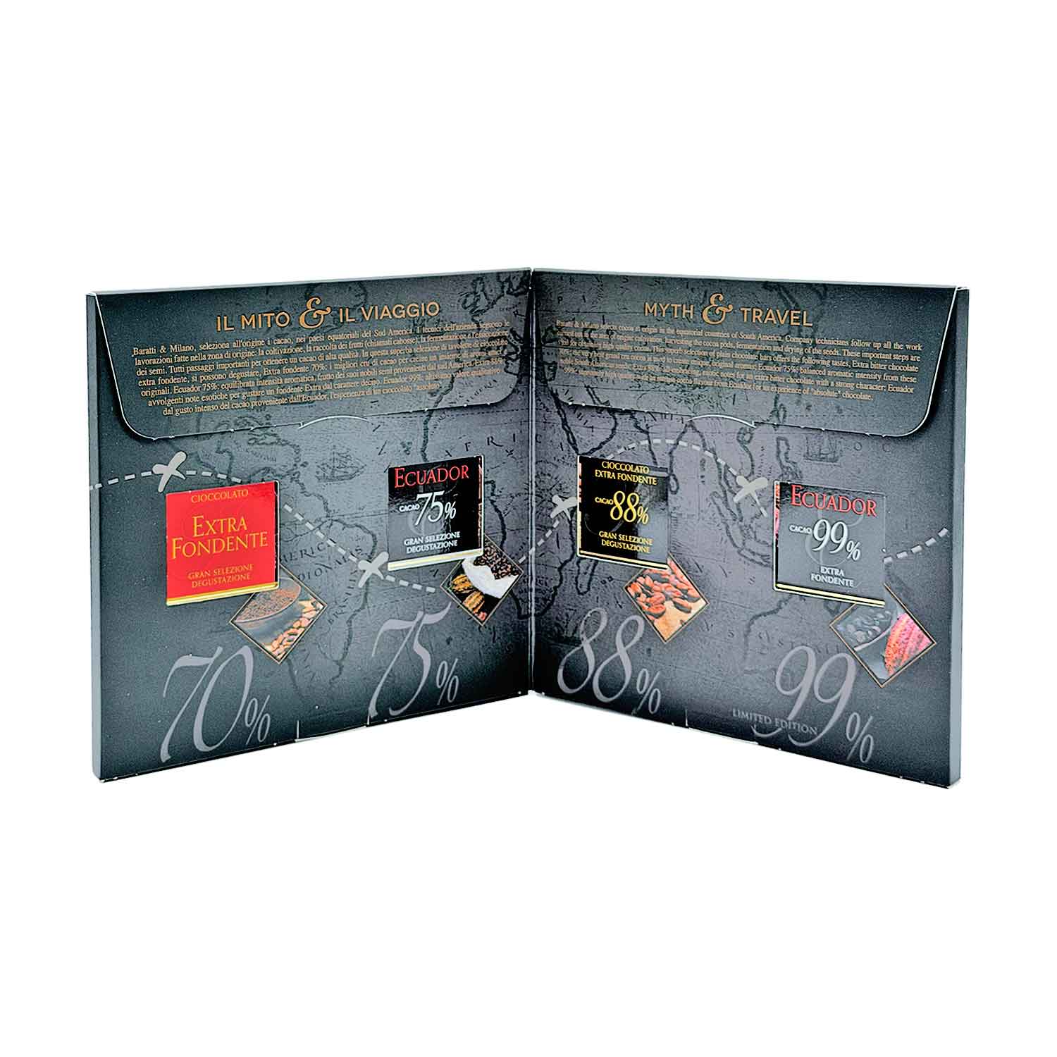 Baratti & Milano Schokoladen-Geschenkbox – 4 dunkle Schokoladen von 70 % bis 99 % Probierset dunkler Schokolade von Baratti & Milano mit 70 %, 75 %, 88 % und 99 % Kakaoriegeln in einer Geschenkbox mit Weltkarte.
