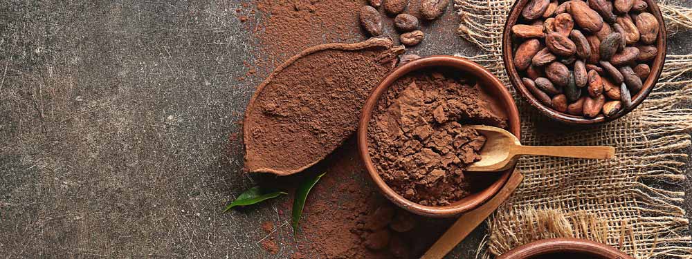 Kakaopulver  und Kakaobohnen in Gefäßen