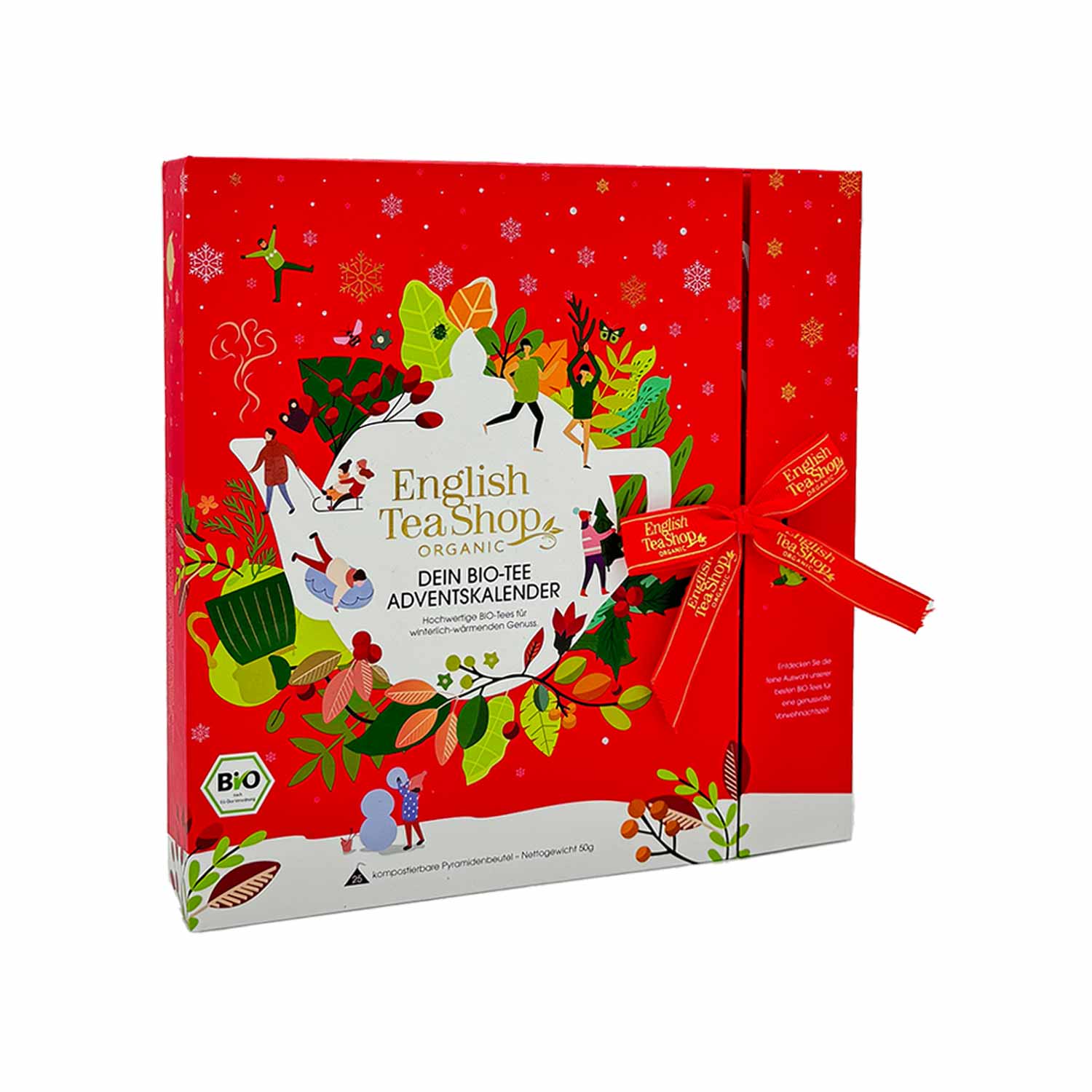 BIO Tee Adventskalender mit Schleife "Red Christmas", 25 BIO Tee im Pyramidenbeutel