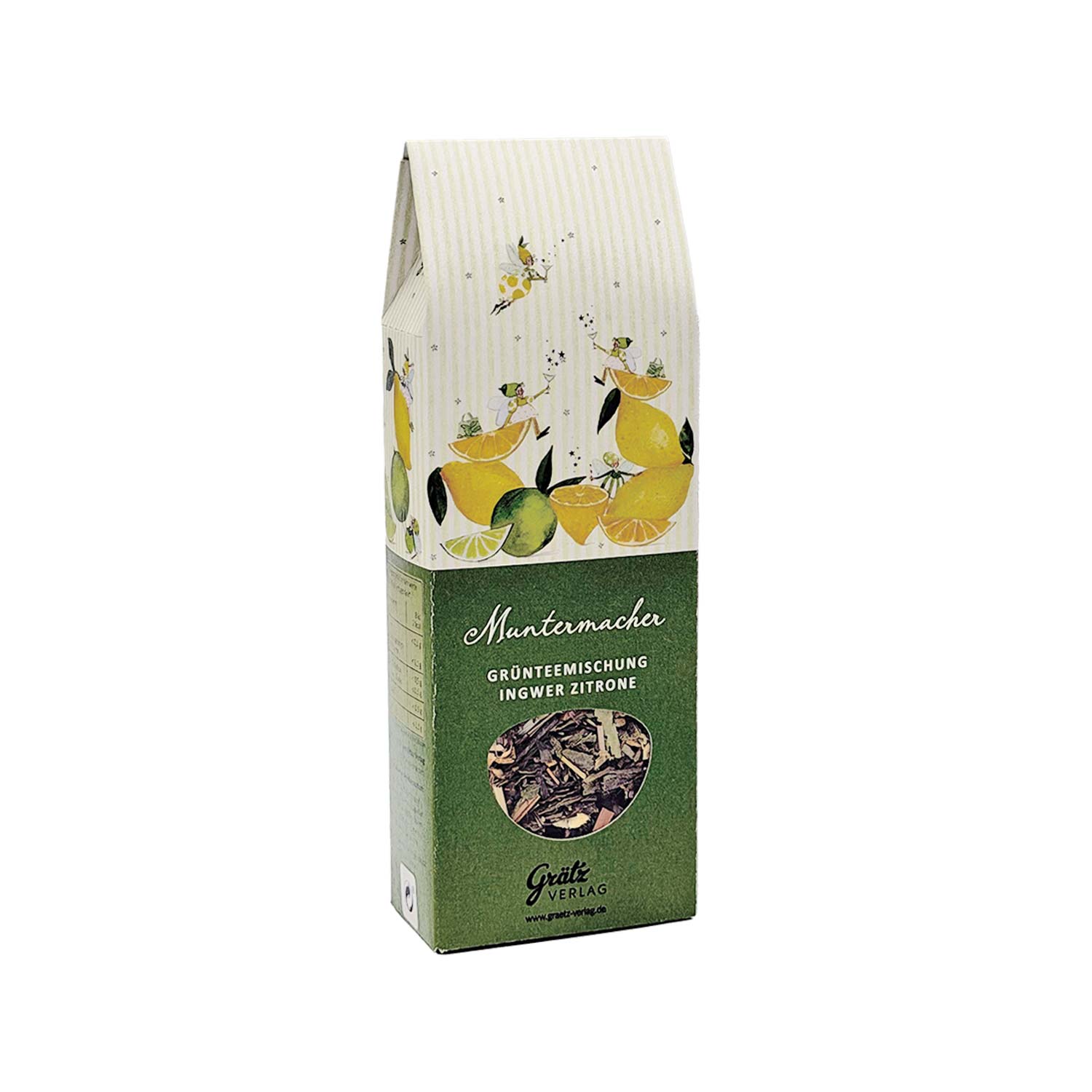 Grüntee „Muntermacher“ – Ingwer-Zitrone, 85 g Hohe Schachtel Muntermacher-Grüntee mit Ingwer und Zitrone, mit skurrilen Feenillustrationen und einem durchsichtigen Sichtfenster.