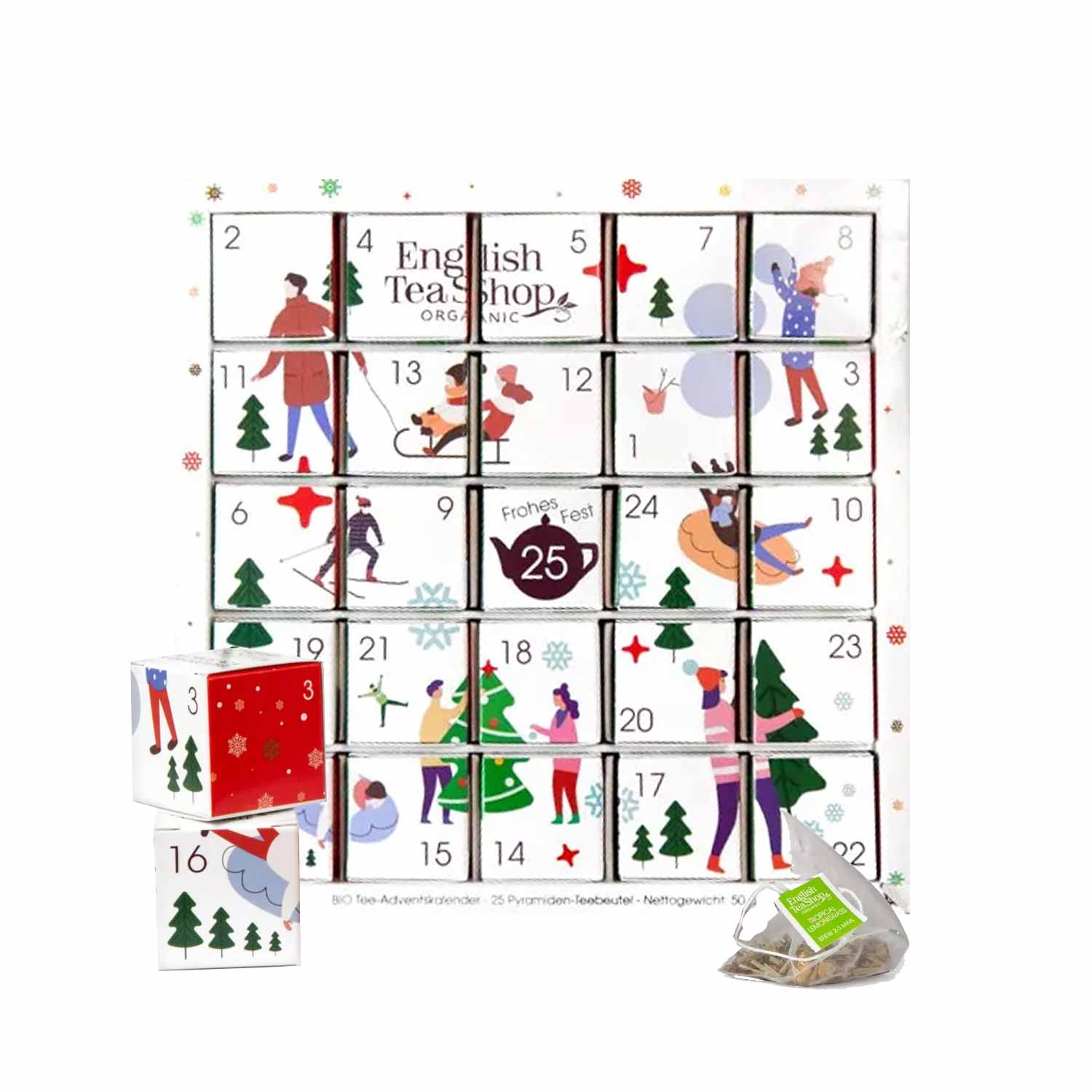 Tee Adventskalender "White Ornaments", 25 x BIO Tee in kompostierbaren Pyramidenbeutel