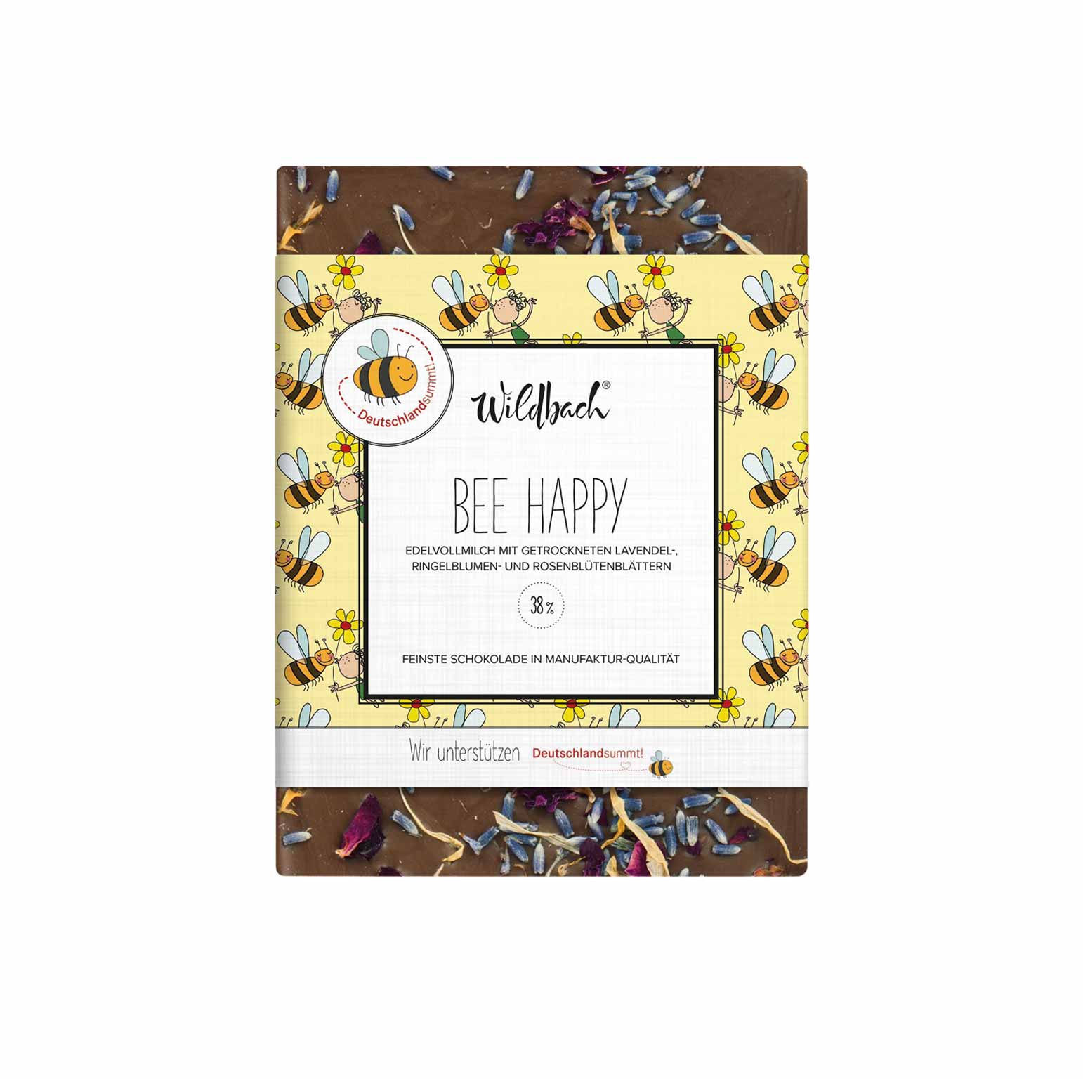 Wildbach „Bee Happy“ – Edelvollmilchschokolade mit Blüten Wildbach „Bee Happy“ – Edelvollmilchschokolade mit Blüten