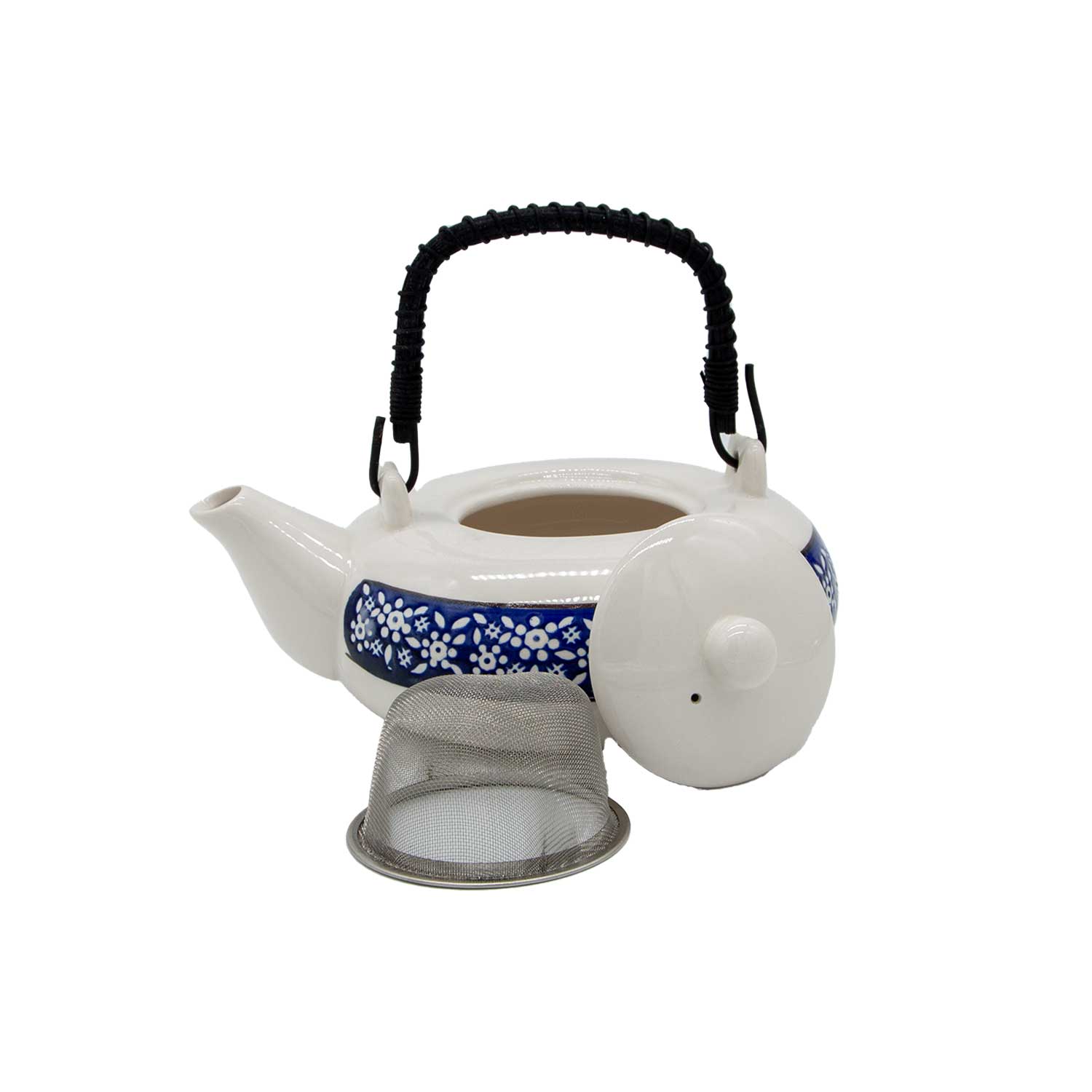 Tee-Set mit blauem Streifen und weißen Blumen ohne Deckel