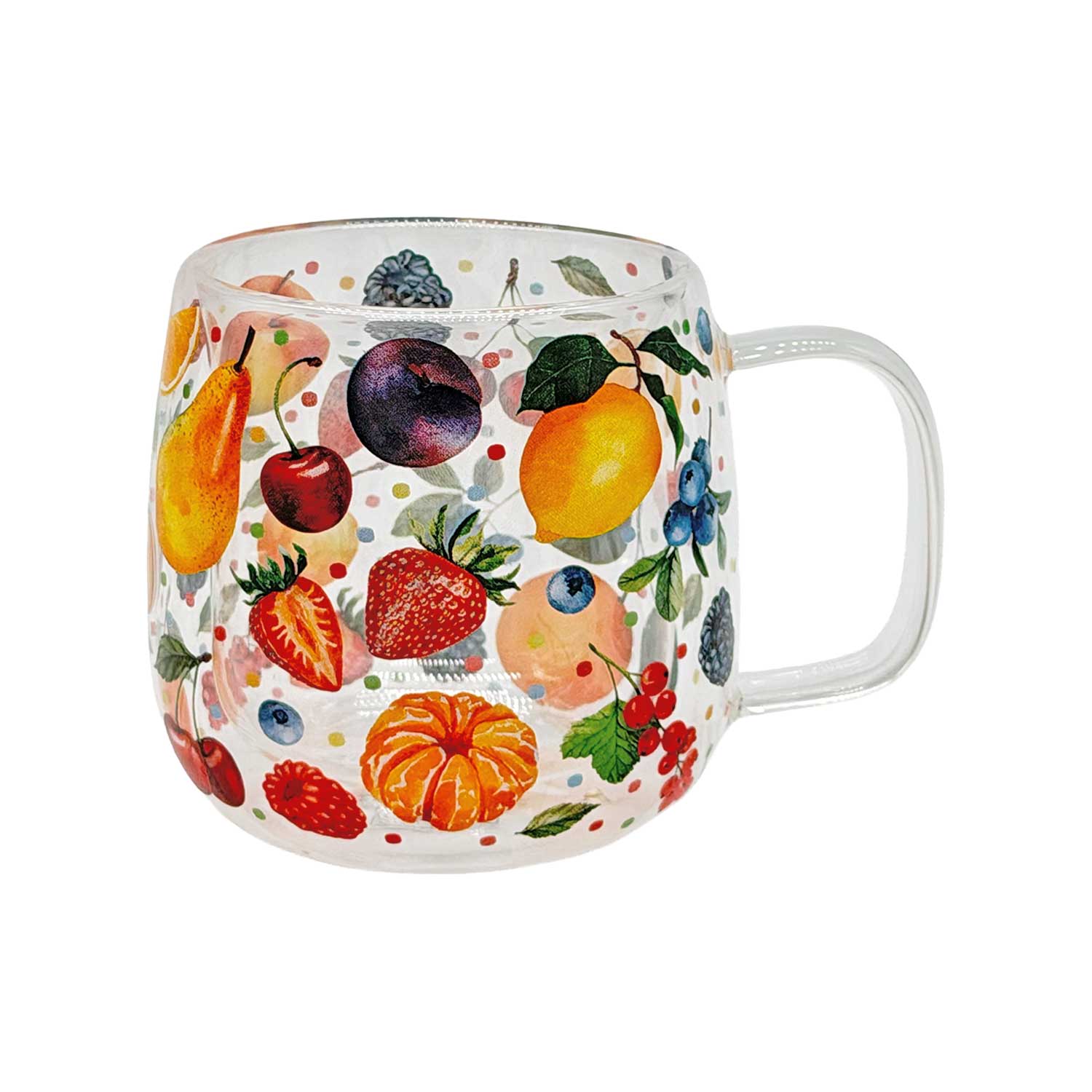 Doppelwandiges Teeglas mit Sommerfrüchte-Motiv, ca. 400 ml