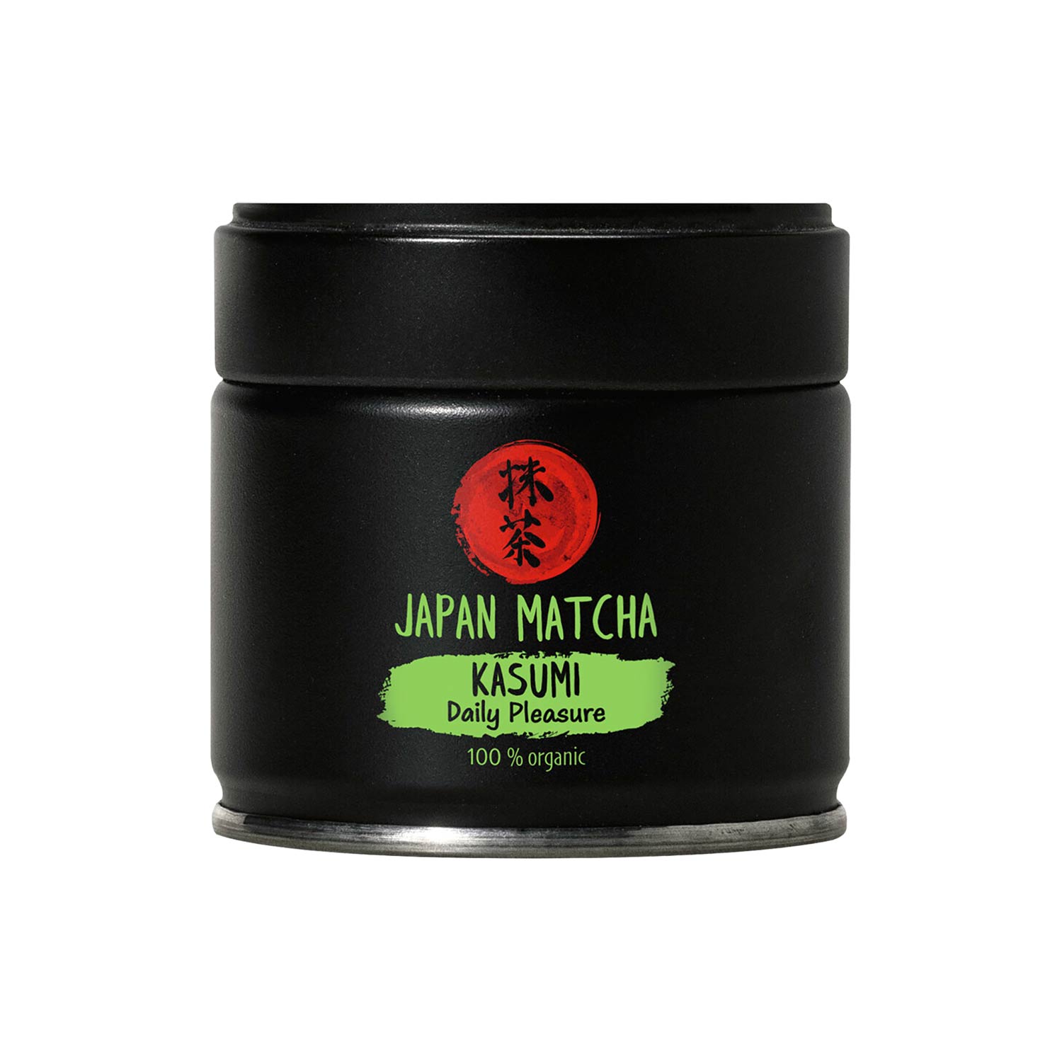 Matcha Kasumi Bio – Premium Matcha Tee für jeden Tag Schwarze Metalldose mit Bio-Grüntee Japan Matcha Kasumi, mit rotem kreisförmigem Logo und grünem Etikett auf weißem Hintergrund.