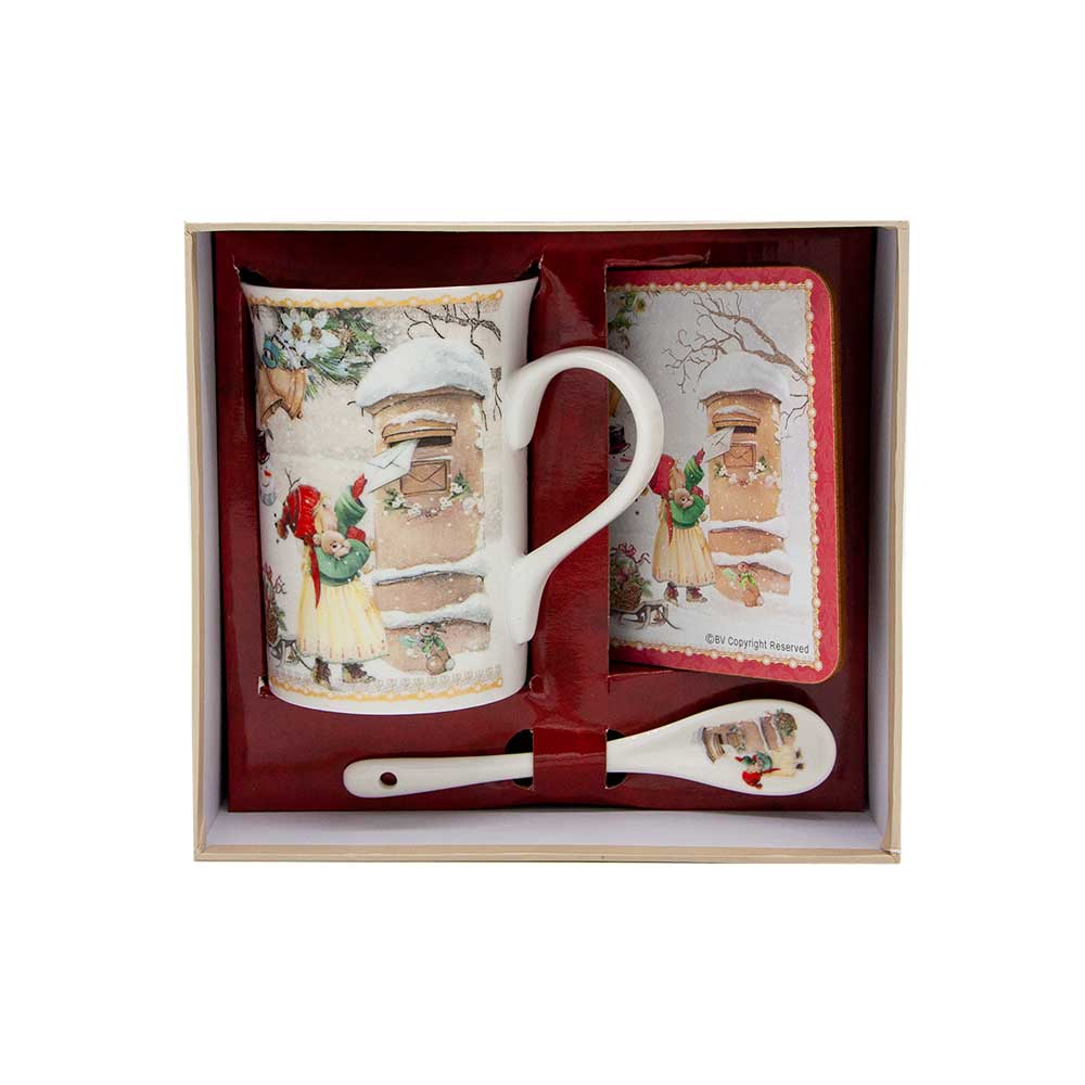 Geschenkset mit Teetasse, Untersetzer und Löffel im Schmuckkarton