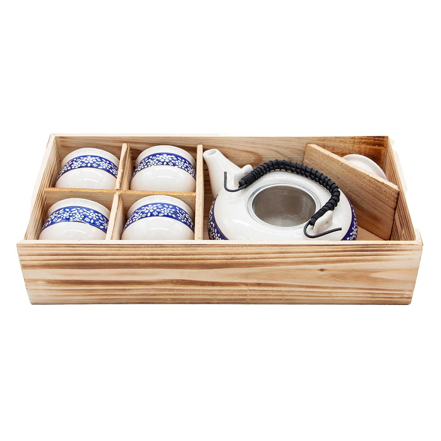 Tee-Set mit blauem Streifen und weißen Blumen ohne Deckel