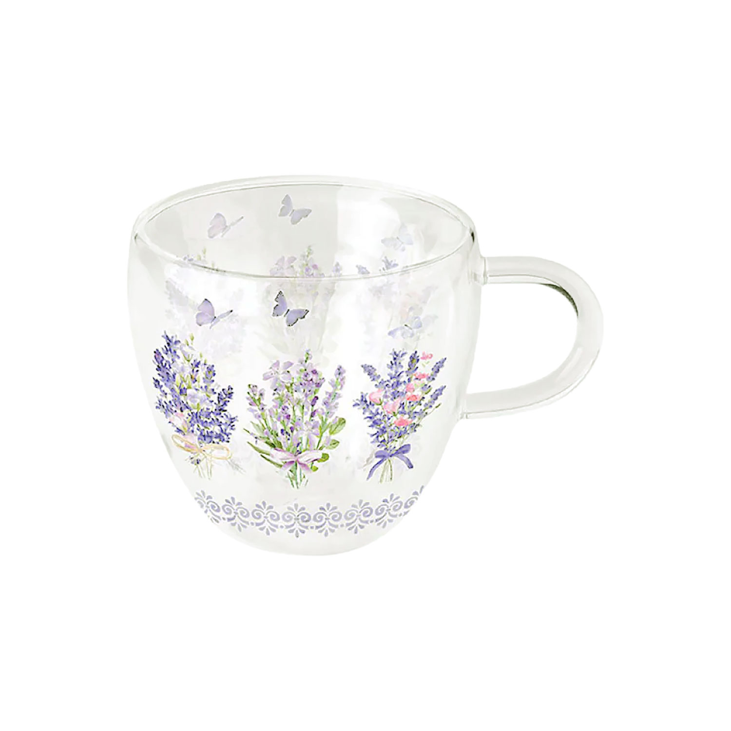 Doppelwandige Glastasse „Lovely Lavender“ – Borosilikatglas 200 ml mit Lavendel-Motiv