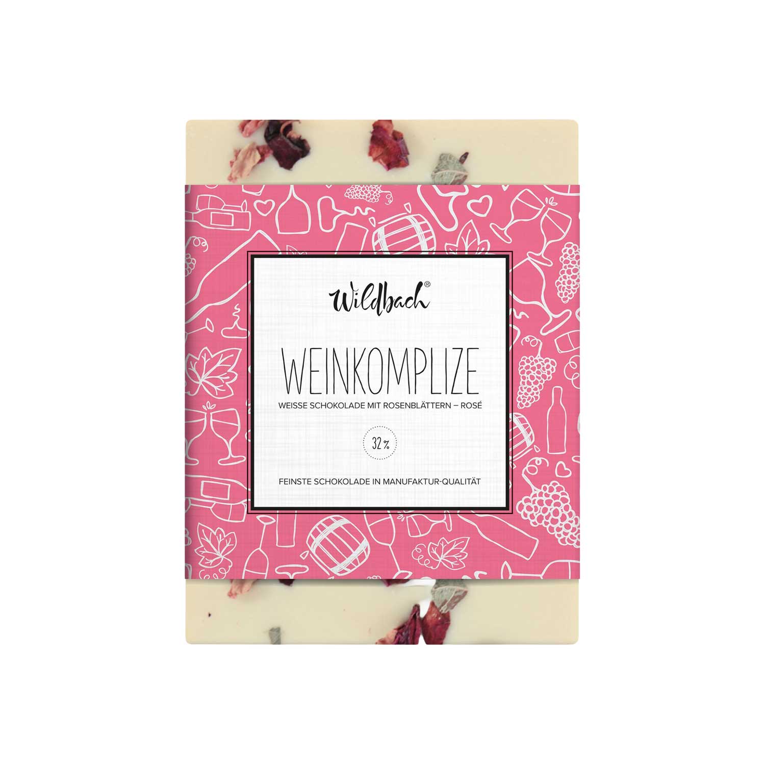 Wildbach „Weinkomplize Rosé“ – Weiße Schokolade mit Rosenblüten Wildbach „Weinkomplize Rosé“ – Weiße Schokolade mit Rosenblüten