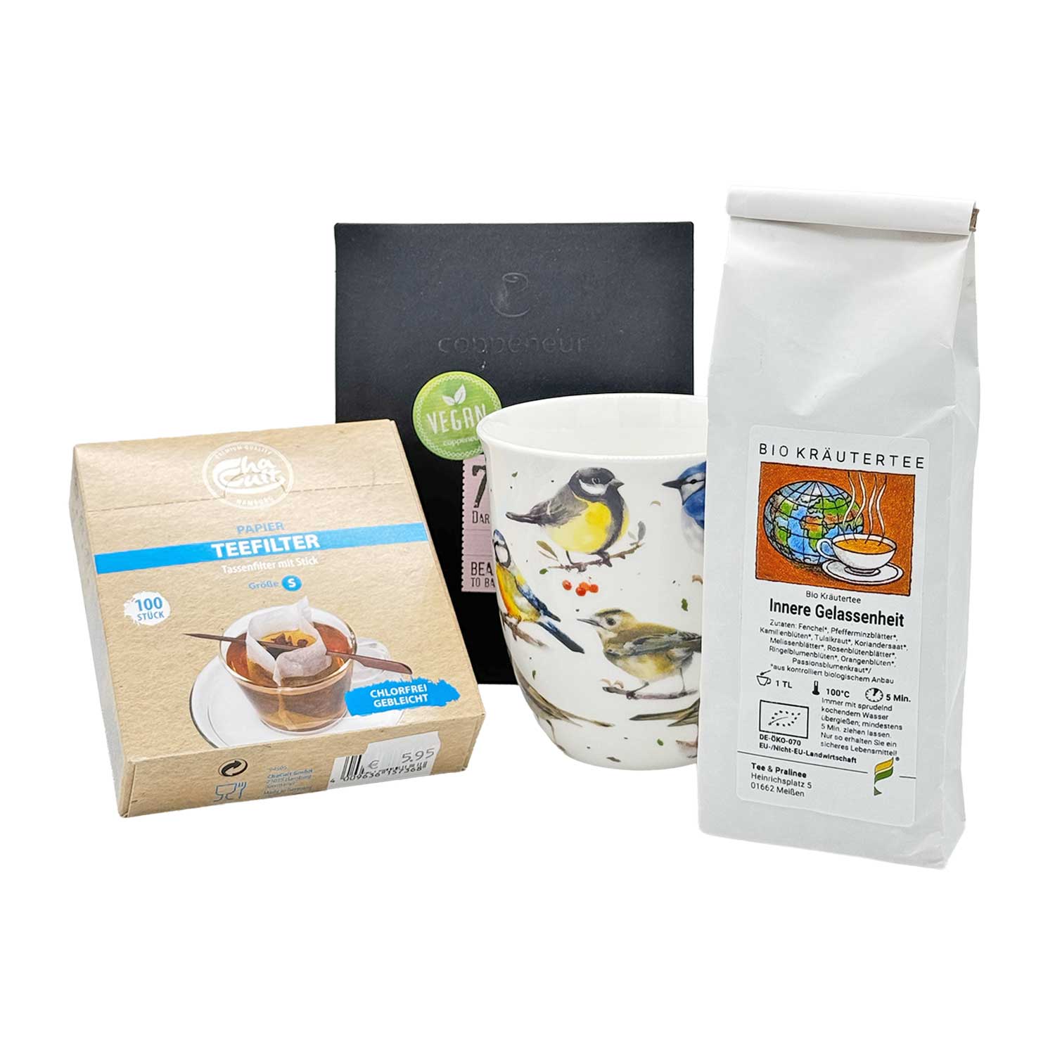 Teeset "Me-Time“ – Tasse, BIO Kräutertee, Teefilter & dunkle Schokolade | vegan