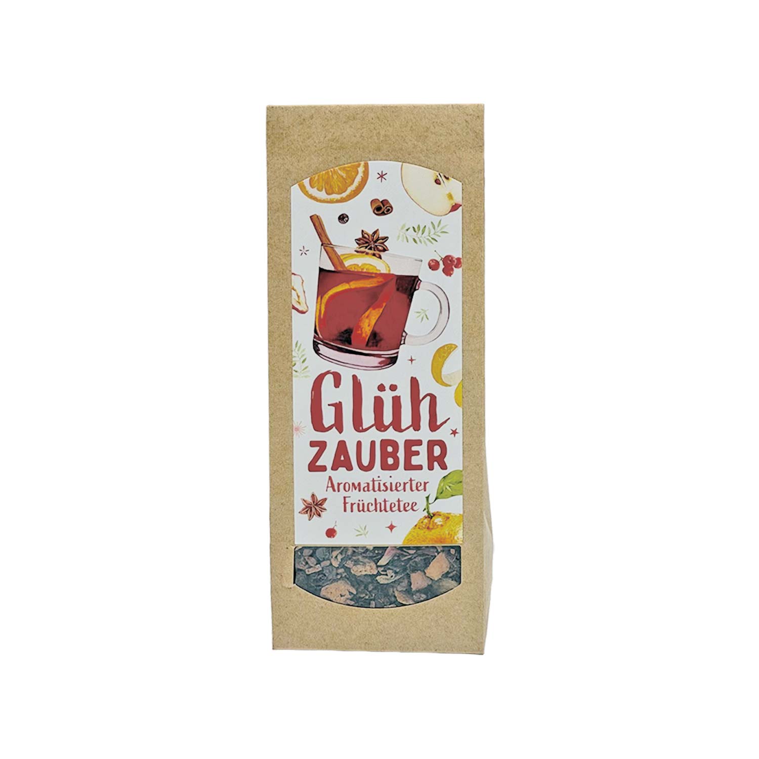 Früchtetee „Glühzauber“ – fruchtig-würziger Wintergenuss Ein brauner Papierbeutel mit Glüh Zauber-Früchtetee mit einem Etikett mit einem Glas Glühwein und einem kleinen Sichtfenster.