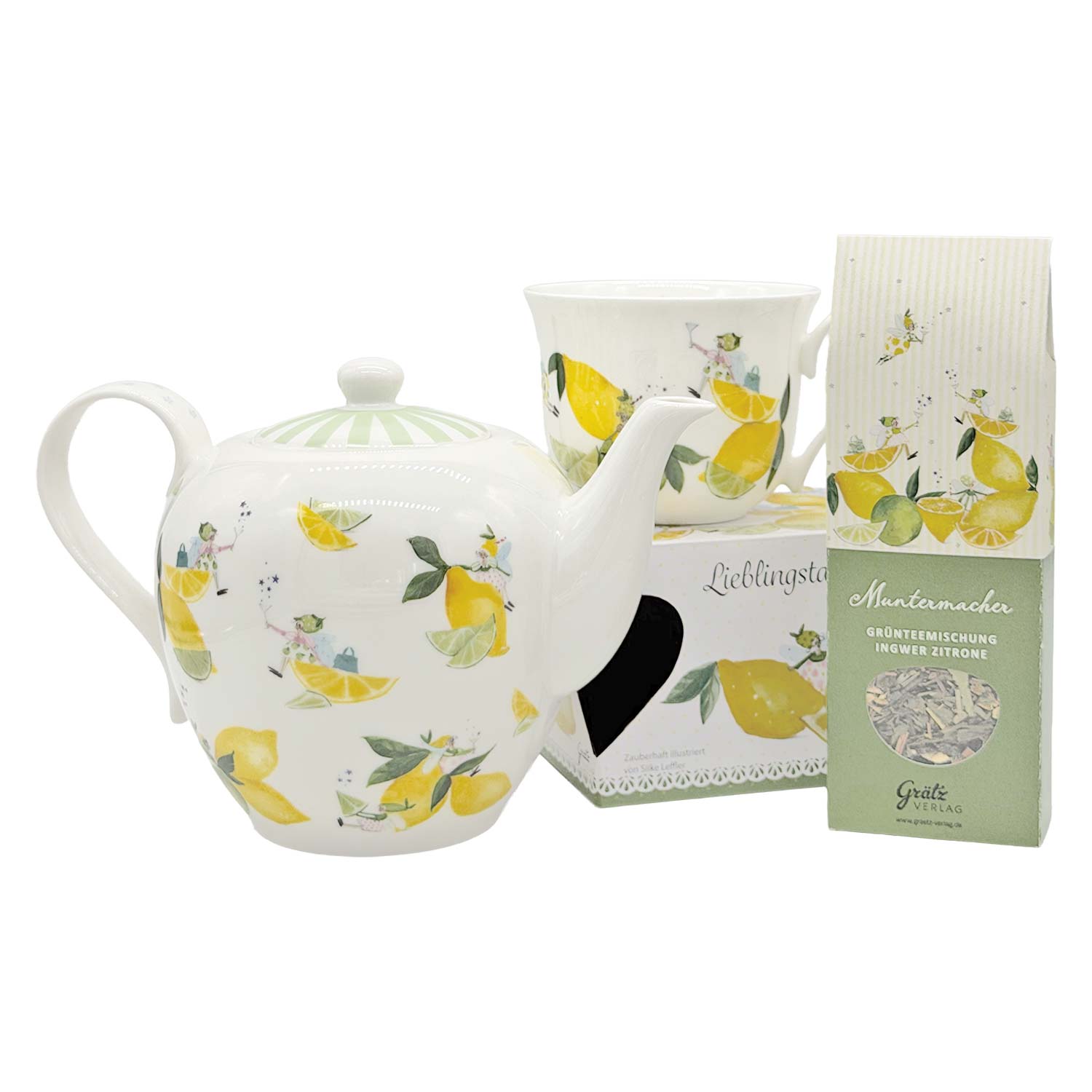 Großes Tee-Set „Fresh Lemons“ – Teekanne, Lieblingstasse und Grüntee Teekanne und Teetasse aus Keramik mit Zitronenillustrationen, begleitet von einer Packung Ingwer-Zitronen-Grüntee auf weißem Hintergrund.