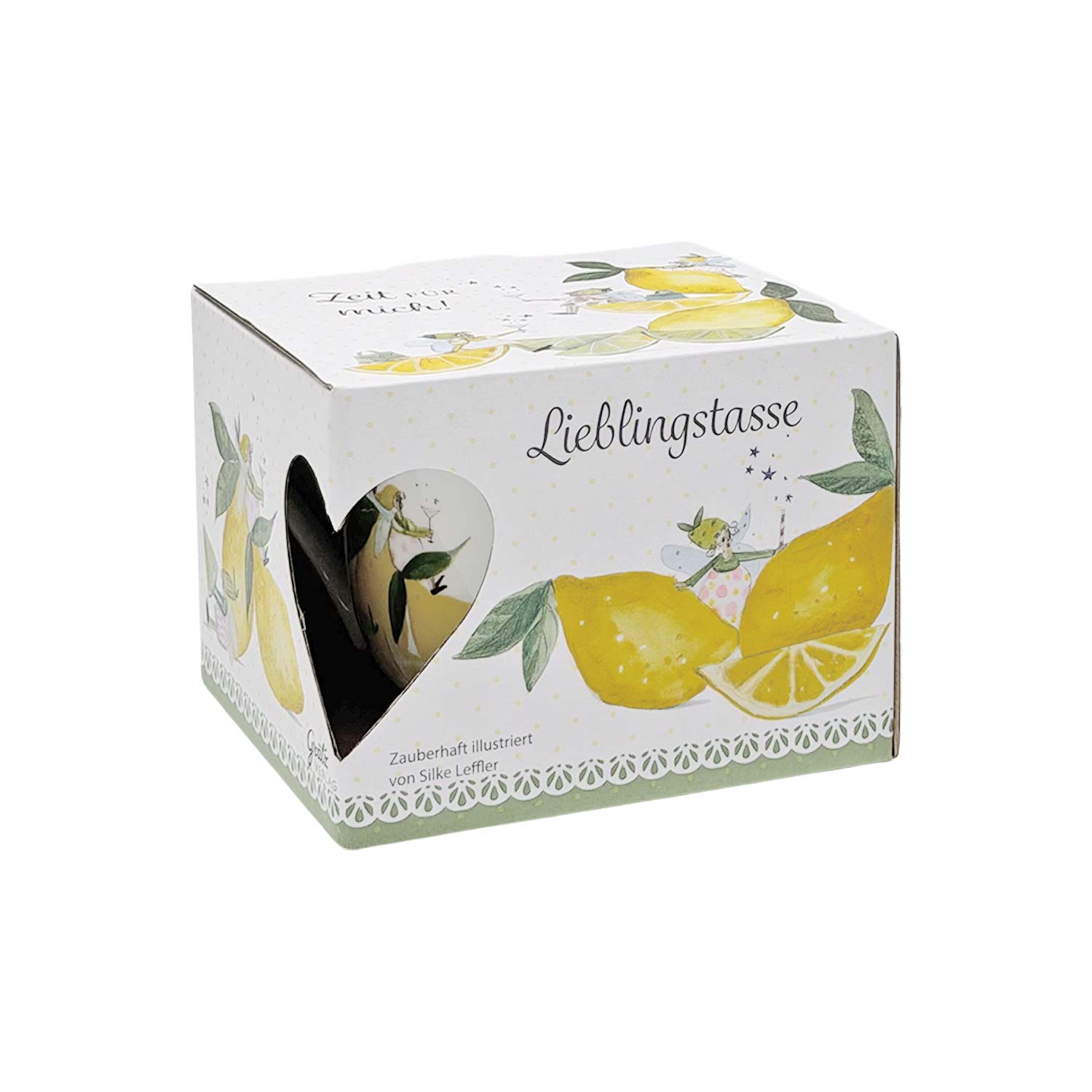 Lieblingstasse „Fresh Lemons“ – Porzellantasse mit Zitronenmotiv, 400 ml Eine weiße Geschenkbox für eine Lieblingstasse mit Zitronenillustrationen, Feenmotiven und herzförmigem Ausschnitt auf weißem Hintergrund.
