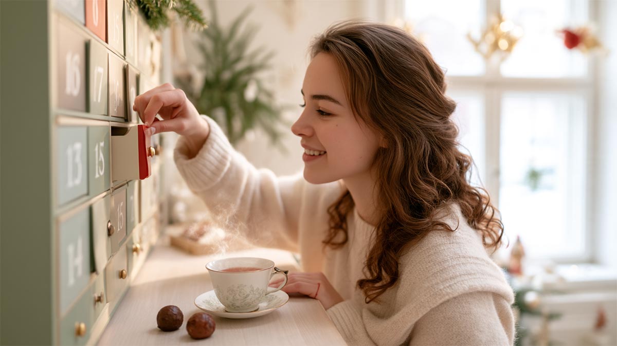 Bright_elegant_lifestyle_photograph_of_a_woman_with_a_advent_calendar Frau öffnet Adventskalender mit Tee und Schokolade für die Vorweihnachtszeit
