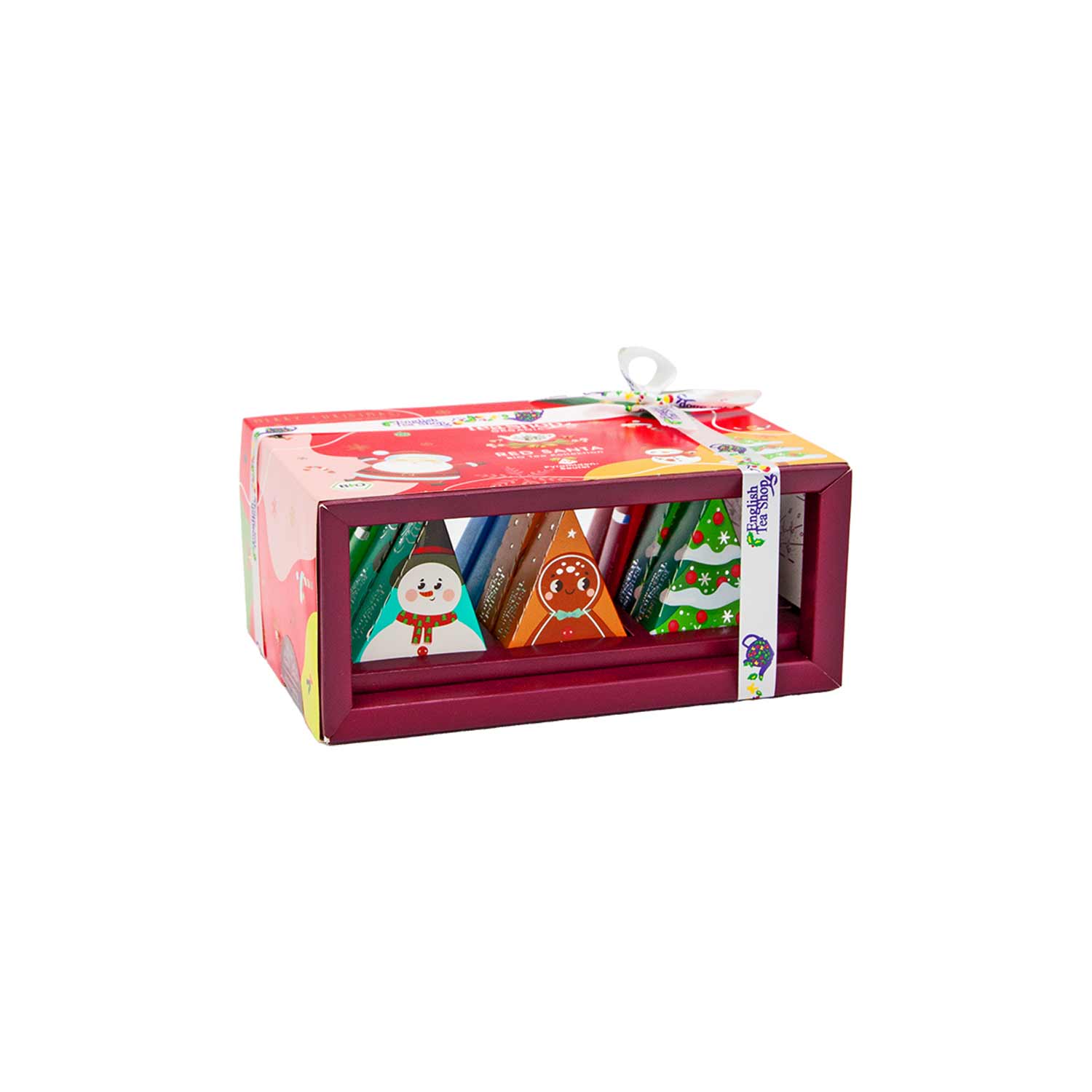 BIO-Teegeschenk mit Schleife "Red Santa", 12 Pyramiden-Beutel