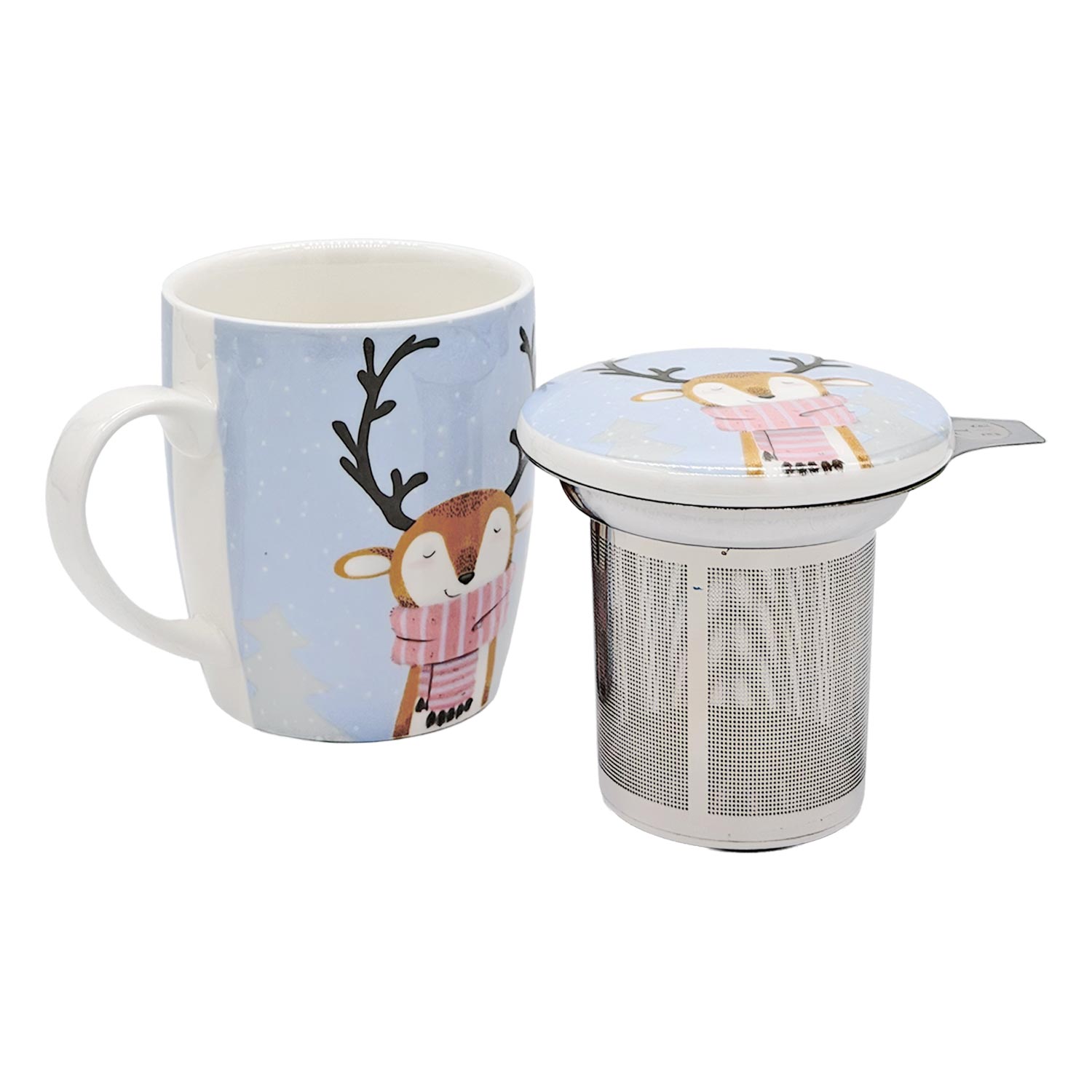 Kräuterteetasse „Rentier“ mit Edelstahlsieb und Deckel – 320 ml