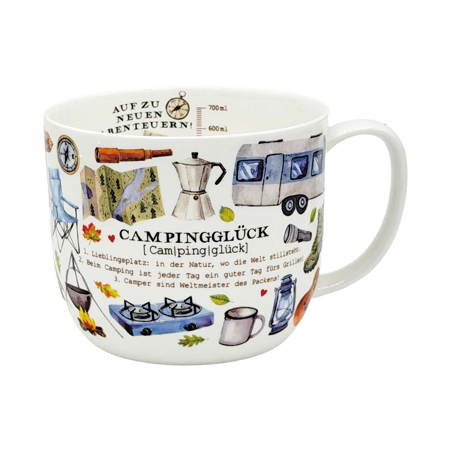 Jumbo Teebecher „Campingglück“ – Fine Bone China, 700 ml