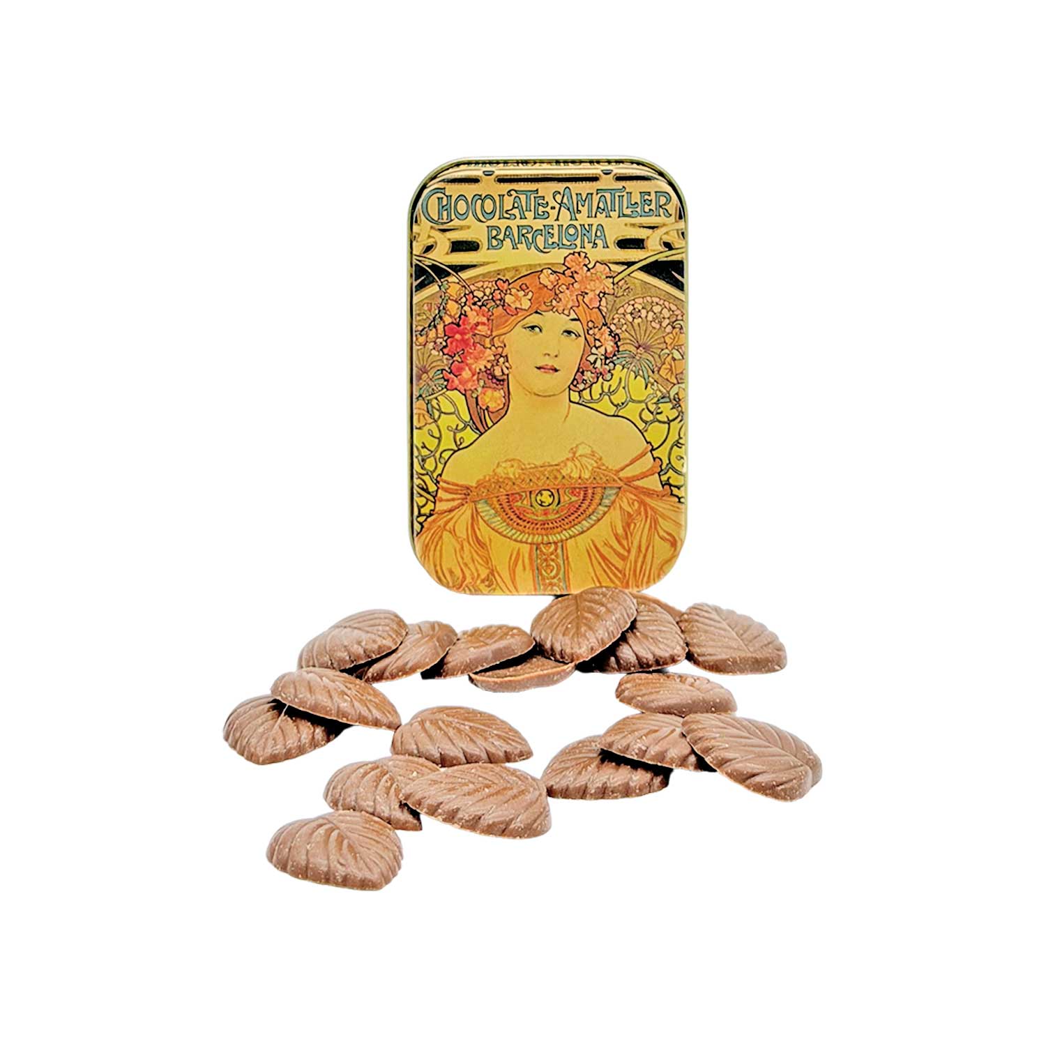 Chocolate Amatller Vollmilch-Schokoblätter mit 32 % Kakao - Dose Blau/Gelb Chocolate Amatller Vollmilch-Schokoblätter mit 32 % Kakao - Dose Blau/Gelb