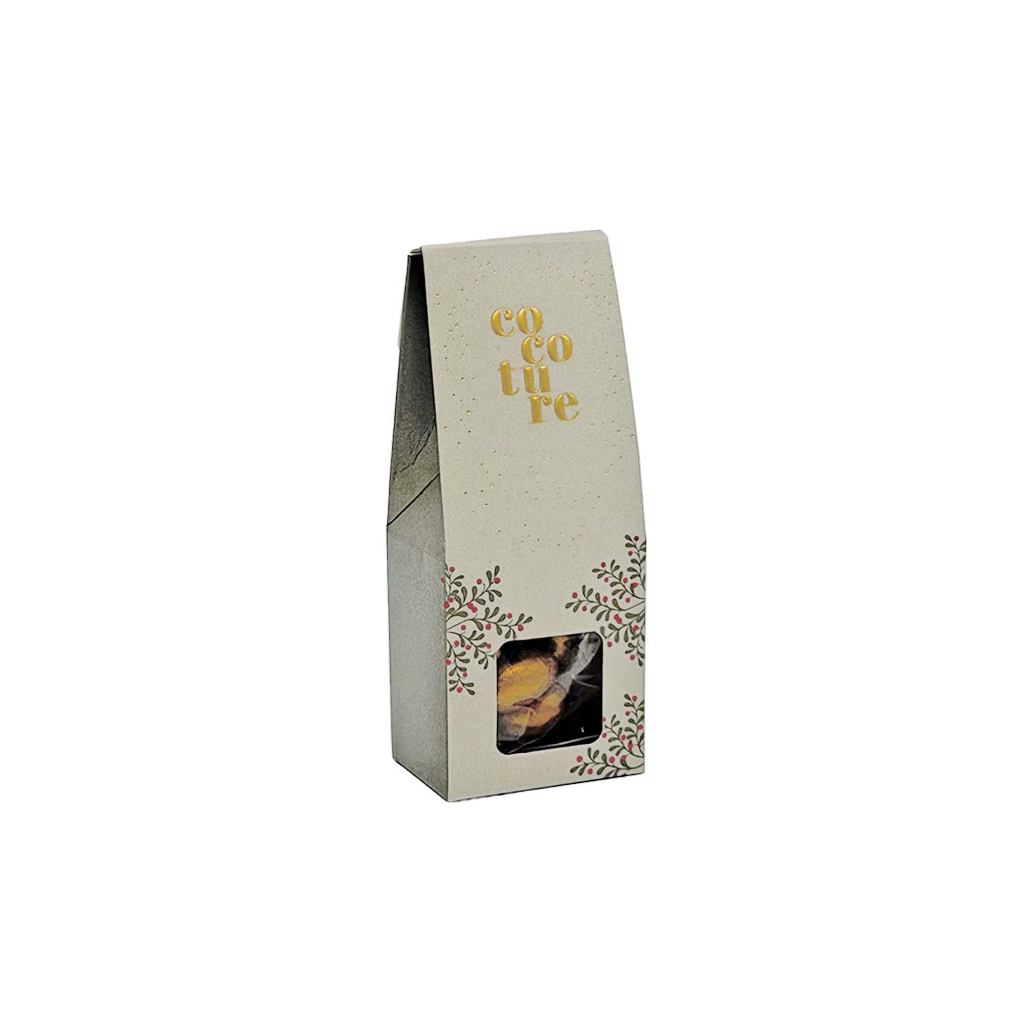 Goldene Mandeln mit Milchschokolade – knusprig, cremig und edel Eine große, helle Geschenktüte aus Papier mit Cocouture-Branding, floralen Akzenten und einem kleinen Fenster mit Gourmet-Schokolade.