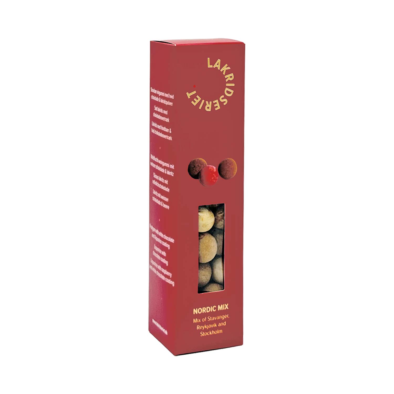 Lakritz- und Fruchtgummi-Mischung - Nordic Mix, 170 g Hohe rote Schachtel mit Lakrids by Bülow Nordic Mix Lakritze, mit einem durchsichtigen Fenster, in dem verschiedene mit Schokolade überzogene Leckereien zu sehen sind.