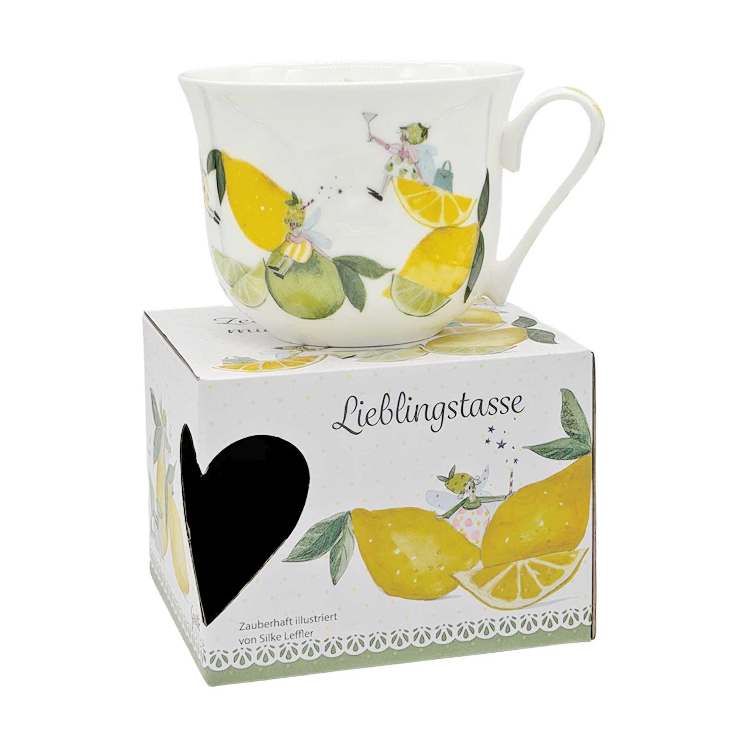 Lieblingstasse „Fresh Lemons“ – Porzellantasse mit Zitronenmotiv, 400 ml Teetasse aus weißem Porzellan mit Zitronen- und Feenillustrationen, ruht auf einer passenden Geschenkbox mit herzförmigem Ausschnitt.