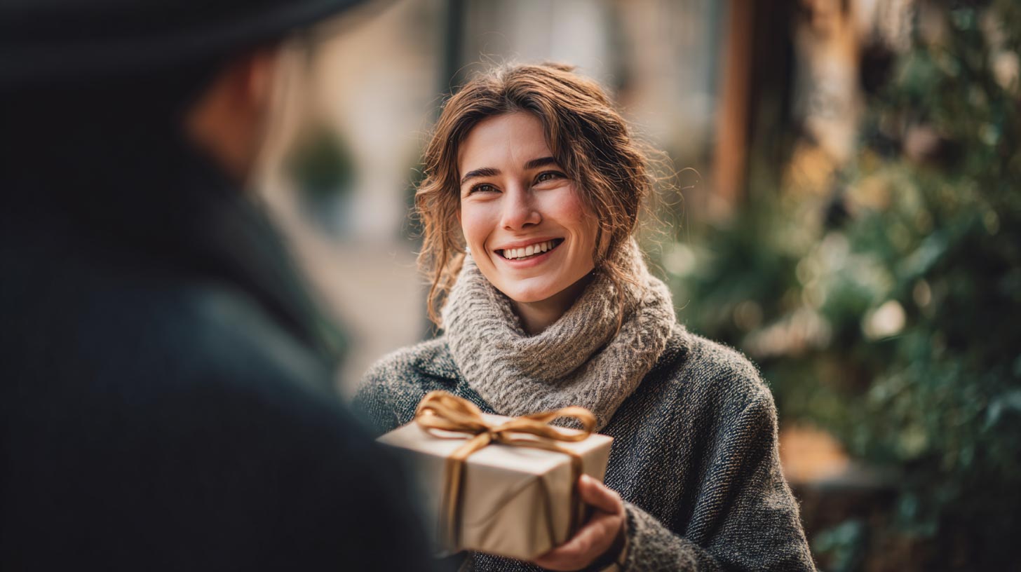 elegant gekleidete Frau hält lächelnd ein Geschenk in den Händen