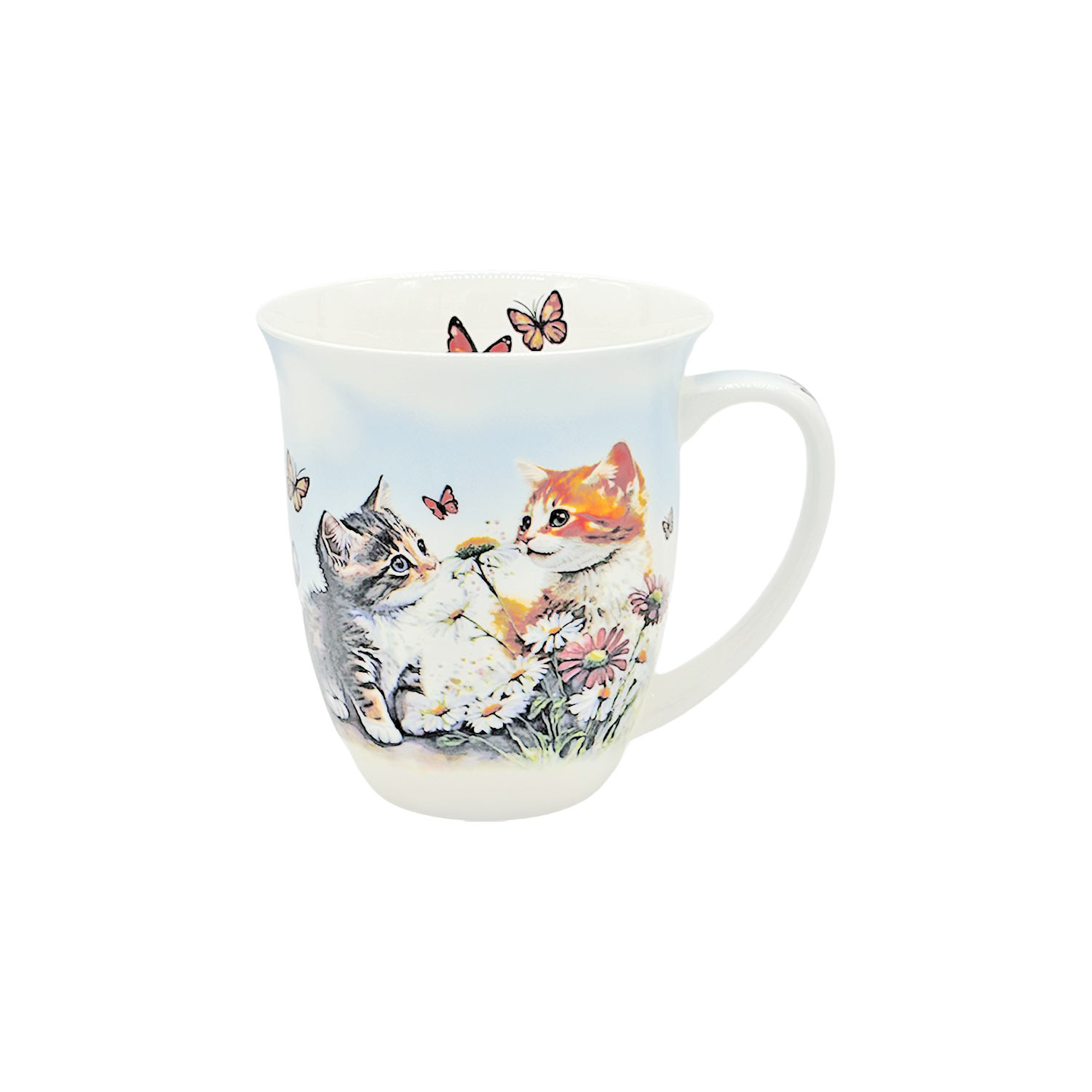 Teetasse „Katzen im Blumenfeld“ – Knochenporzellan, 400 ml Teetasse aus weißem Porzellan mit einer bezaubernden Illustration von zwei Kätzchen, die zwischen Gänseblümchen und bunten Schmetterlingen spielen.