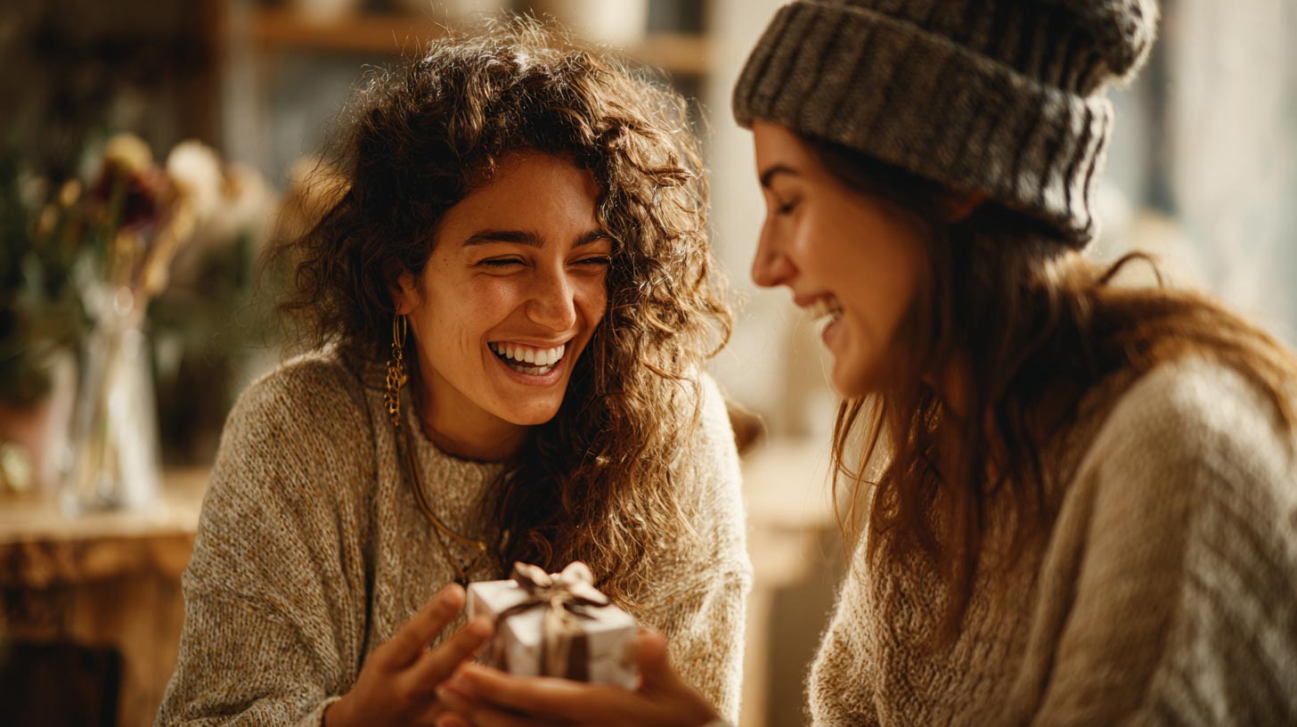 two_stylish_women_laughing_together_one_giving_a-gift two_stylish_women_laughing_together_one_giving_a-gift