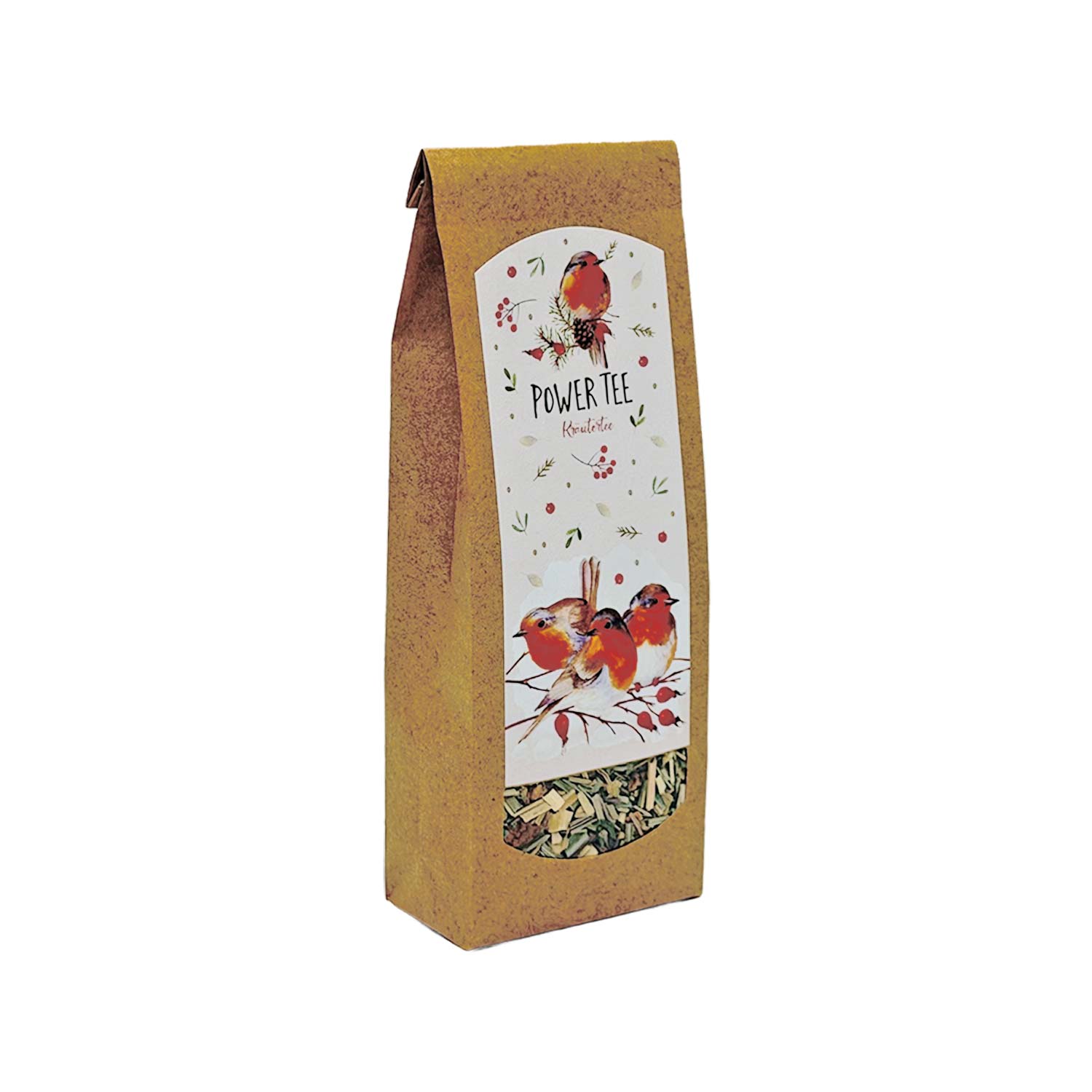 Kräutertee „Power Tee“ – zitronig, frisch und angenehm würzig Eine braune Papiertüte Power Tee-Kräutertee mit einem Etikett mit Illustrationen von Rotkehlchen und Beeren auf weißem Hintergrund.