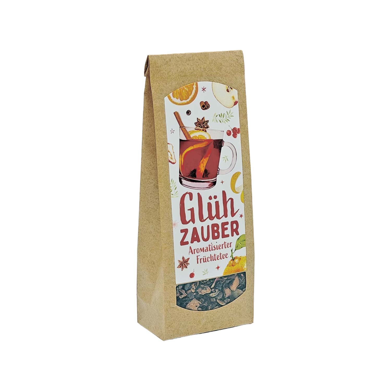 Früchtetee „Glühzauber“ – fruchtig-würziger Wintergenuss Ein brauner Papierbeutel mit Glüh Zauber-Früchtetee mit einem Etikett mit einem Glas Glühtee, Gewürzen und Fruchtillustrationen.