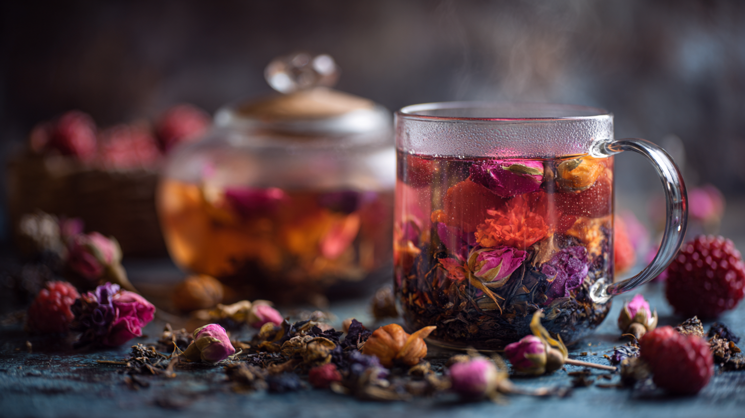 Früchtetee Ein Glasbecher und eine Teekanne, gefüllt mit dampfendem Blumentee mit getrockneten Rosenknospen, bunten Blüten und frischen Himbeeren.