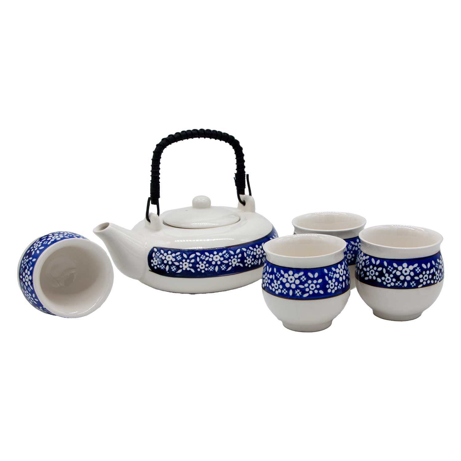 Tee-Set mit blauem Streifen und weißen Blumen ohne Deckel